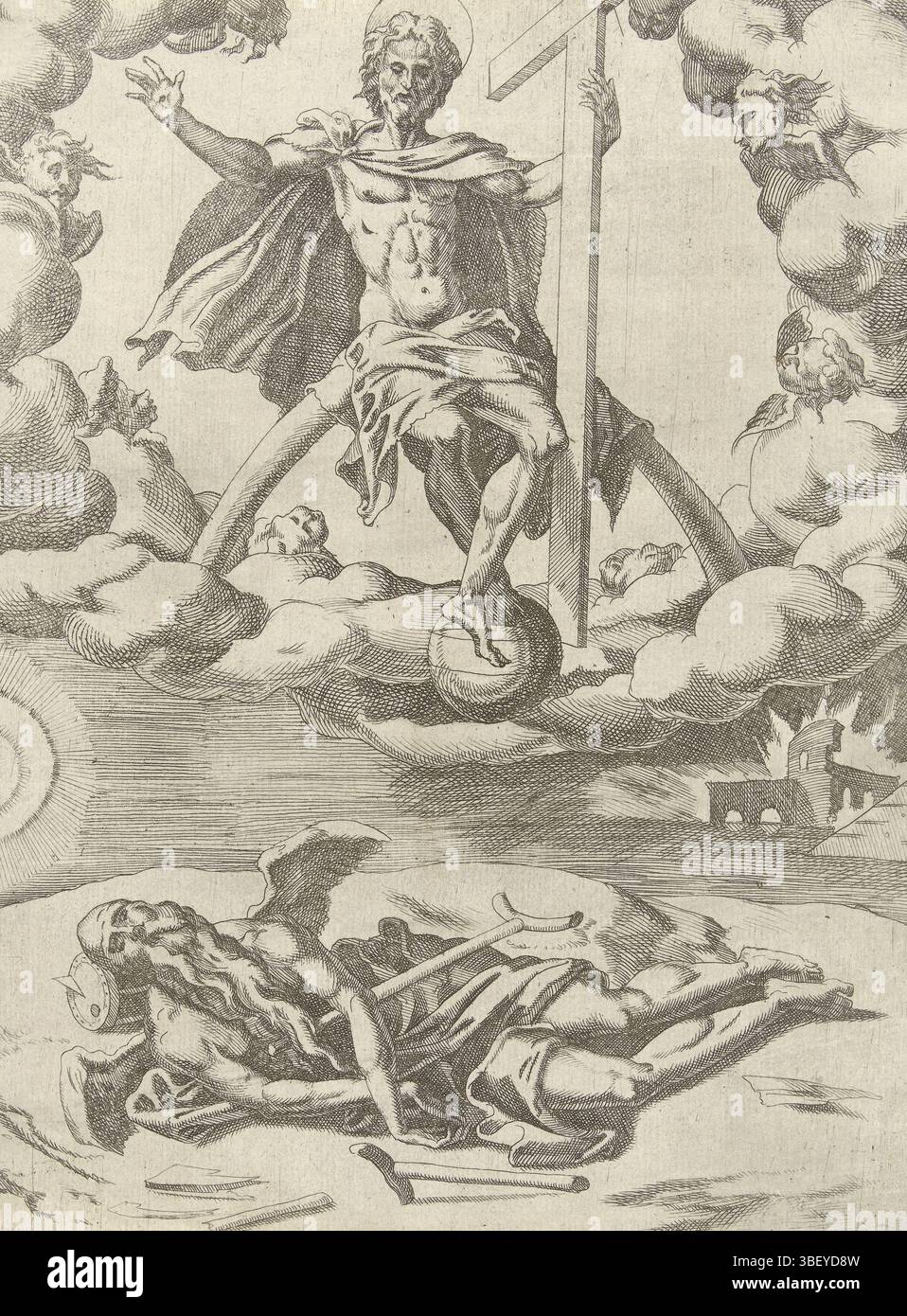 Heemskerck, Maarten van, Haarlem, Coornhert, Dirck Volckertsz. trionfi di Petrarca, Cristo conquista il tempo, verso nel mezzo - timbrato, nelle nuvole Cristo. Sta su un globo e porta la croce. cherubini intorno a lui. Sotto di lui si trova il corpo del tempo, il suo staff si è rotto. Il potere di Cristo è più forte di quello del tempo. La stampa fa parte di una serie di sei parti sui trionfi di Petrarca., stampa, verso il centro sotto - stampato, larghezza 179 mm, altezza, 233 mm, olandese settentrionale, 1522 - 1590-10-29, macchina per stampa, 1532 - 1590, carta, incisione, etsen, Work Concept, Noord-Nederlands, 1498 - 1574 Foto Stock