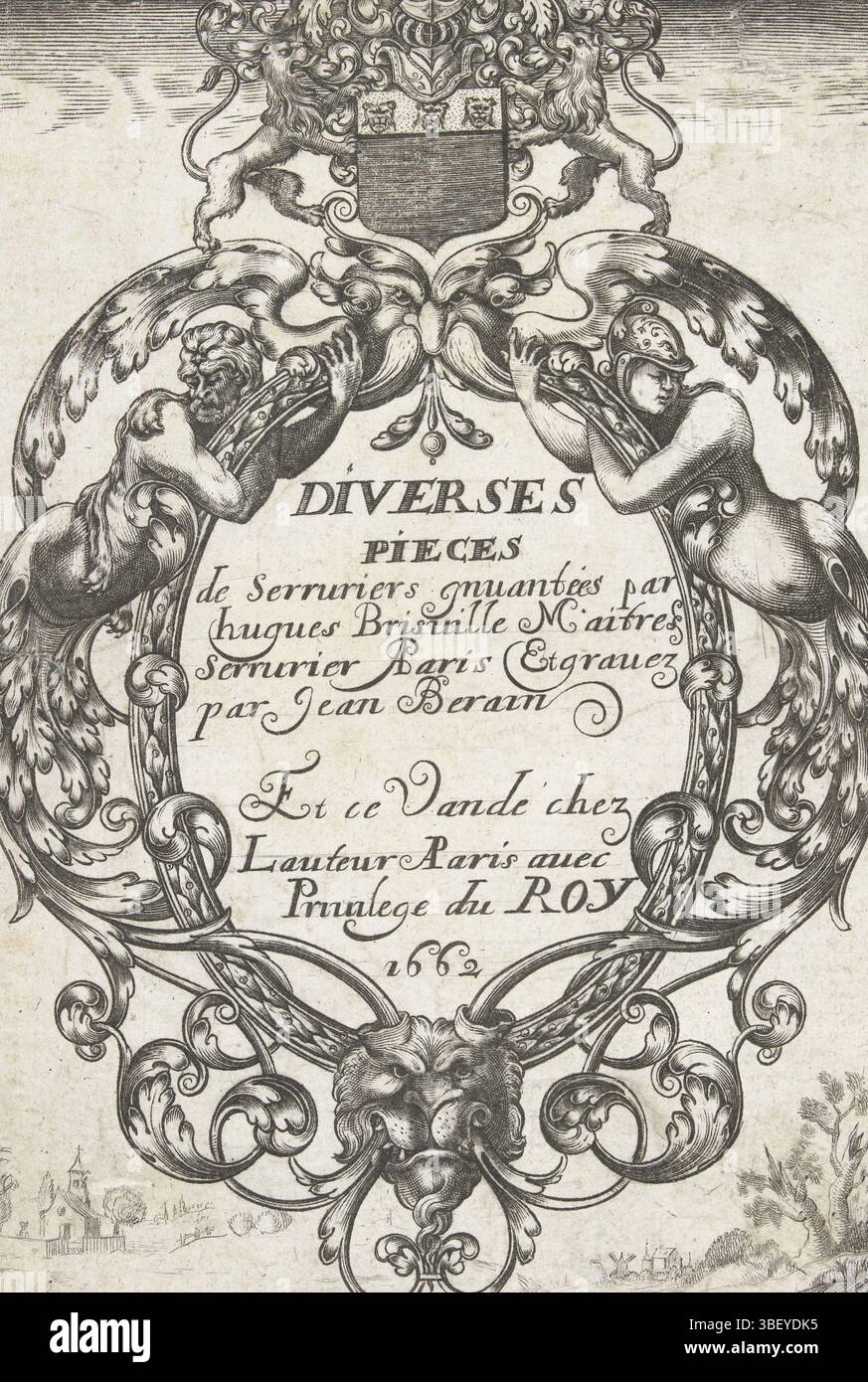 Parigi, Brisville, Hugues, Parigi, Francia, Berain, Jean (le Vieux), Miscellaneous Pièces de Serruriers, Titles: Miscellaneous Pièces de Serruriers, il testo è in un cartiglio rotondo con una maschera in alto e una testa di leone in basso. Frontespizio di una serie di 14 fogli con accessori, chiavi, battitori e bottoni., stampa, stampa ornamenti, frontespizio, stampe, stampe ornamentali, altezza 166 mm, larghezza 117 mm, francese, 1640-06-04 - 1711-01-25, Printmaker, 1662 - 1662, terzo trimestre XVII secolo, carta, incisione, incisione (processo di stampa), concetto di lavoro, secondo il progetto, Publication (Event), Pub Foto Stock