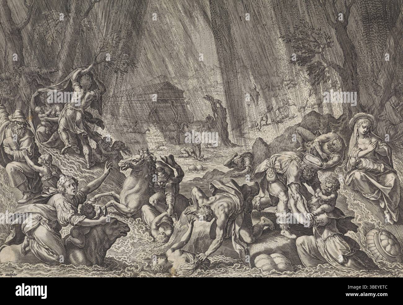 Anversa, Sadeler, Johann (i), Vos, Maerten de, Anversa, Bonorum et Malorum consensio, storia della famiglia degli insiemi, sul buon e cattivo giudizio, inizio dell'alluvione, verso sotto - timbrato, inizio dell'alluvione. Piove e in primo piano le persone cercano di salvarsi spostandosi su un terreno più alto. Altri annegano. Sullo sfondo l'arca di Noè. La stampa ha una didascalia latina. Stampa, altezza 190 mm, larghezza 279 mm, olandese meridionale, 1550 - 1600-08, stampatore, 1586 - 1586, carta, incisione, incisione (processo di stampa), 1532 - 1603-12-04, tiratore intermedio, dopo il disegno, concezione del lavoro, Foto Stock