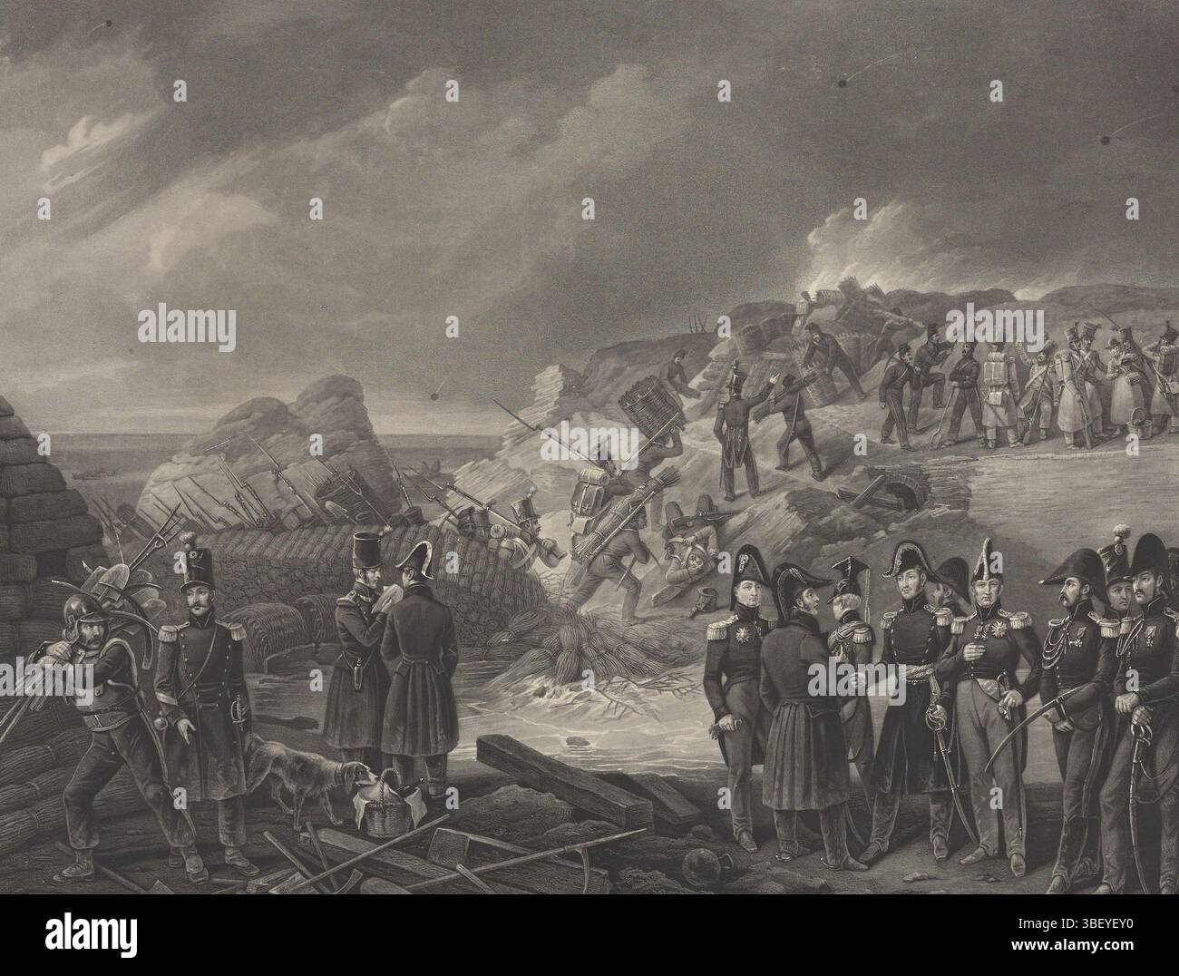 Parigi, Aumont & Cie, Parigi, Jazet, Jean Pierre Marie, Pelletier, Siège D'Anvers. Etablissement sur la Brèche Failure à la lunette St. Laurent (15 dicembre 1832), esercito francese sul lunetto conquistato di Saint-Laurent, 15 dicembre 1832, verso - timbrato, l'esercito francese rafforza la sua posizione sul lunetto conquistato di Saint-Laurent (Saint Laurens) il 15 dicembre, durante l'assedio della Cittadella di Anversa, novembre-dicembre 1832. Consultazioni di destra tra i comandanti dell'esercito francese con il maresciallo centrale Gérard e alla sua sinistra il duca di Orléans. La stampa include una chiave con i nomi Foto Stock