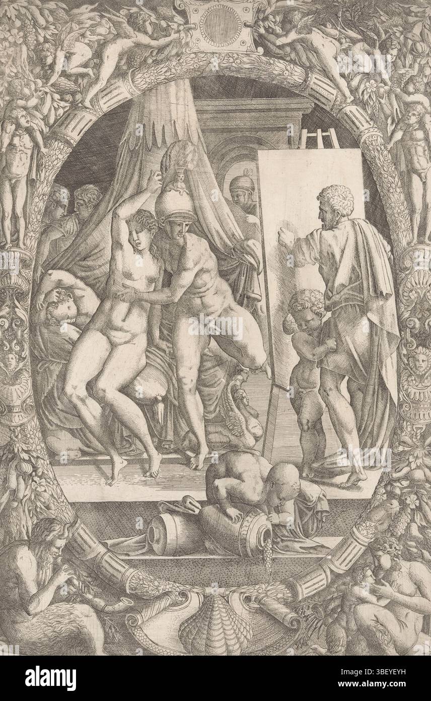 Fontainebleau, Primaticcio, Francesco, Fontainebleau, Monogrammist IQV, Apelles dipinge Alessandro Magno e Campaspe, stampato verso, Alessandro Magno e la sua amata Campaspe posano per il pittore Apelles, che sta dietro il suo cavalletto. Le prestazioni sono contenute in un telaio ovale decorativo con fruste, putti e frutta., stampa, altezza 446 mm, larghezza 303 mm, stampatore, 1543 - 1545, secondo quarto del XVI secolo, carta, incisione, dottetti, ideazione di opere, italiano, 1504-04-30 - 1570-09-14 Foto Stock