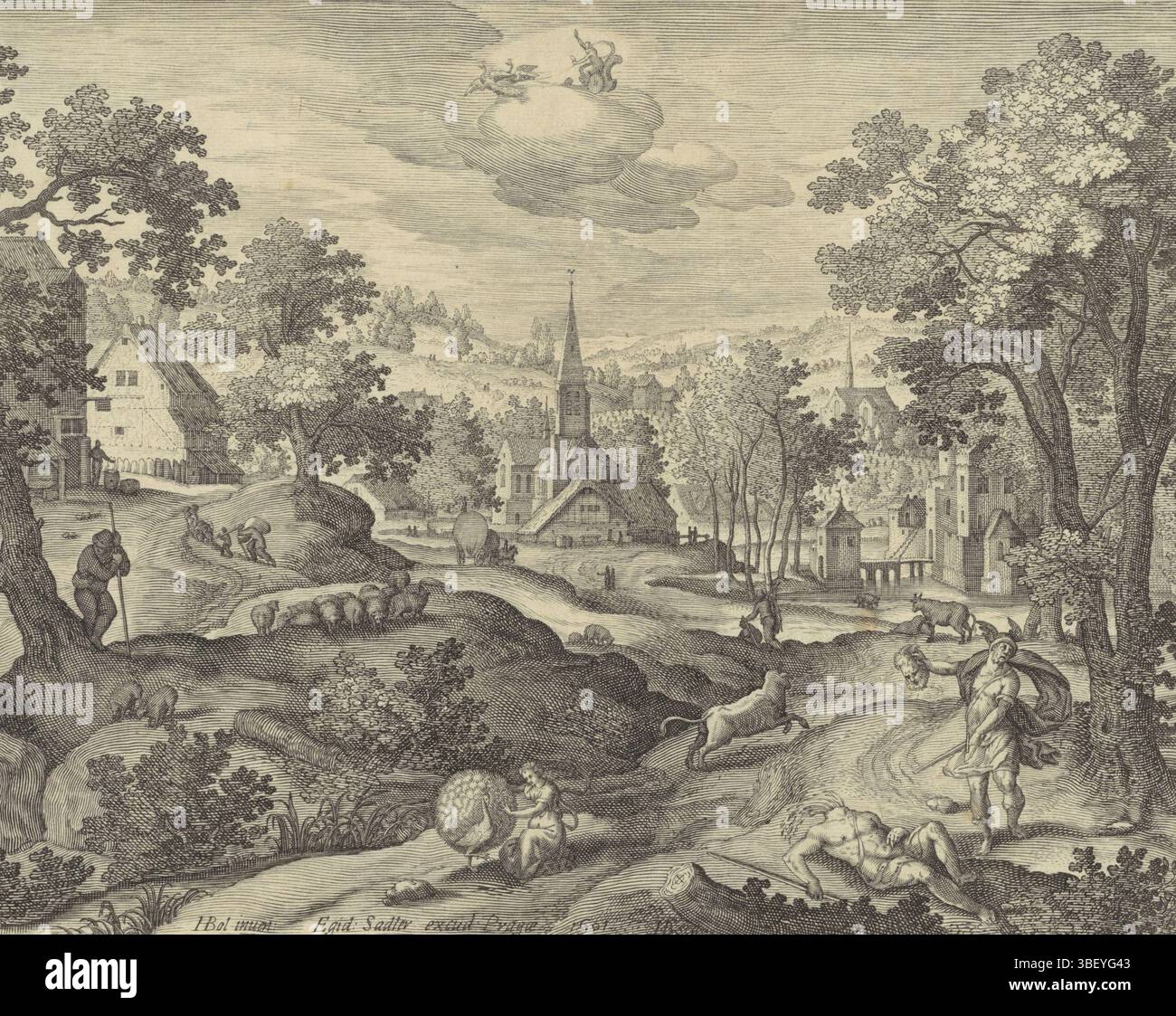 Praga, Sadeler, Egidio, Nederlanden, Bol, Hans, Monogrammist HB (graveur), paesaggi con storie dal Metamorfosen di Ovidio, paesaggio con mercurio e Argo, verso al centro - timbrato, decapitato proprio mercurio Argus. Al centro, Juno si siede accanto al suo pavone per mettere gli occhi di Argus nella coda dell'animale. Io fugge sotto forma di mucca bianca. Sullo sfondo alcune figure, tra cui un pastore e un contadino, ai margini di un villaggio con una chiesa. Nell'aria Juno lascia la sua auto, che viene tirata da due pavoni., stampa, verso il basso centrale - stampato, altezza 202 mm, larghezza 263 mm, G. Foto Stock