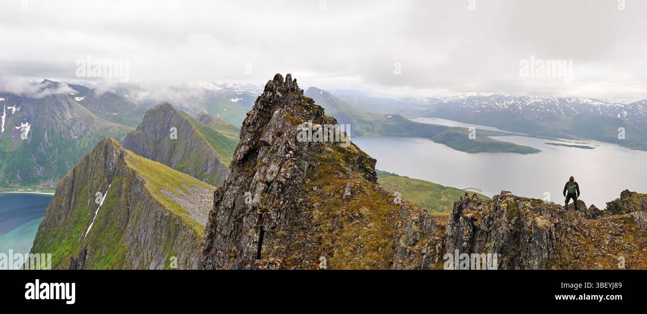 Ammira i fiordi Steinfjorden ed Ersfjorden dal monte Husfjellet, l'isola Senja, la contea di Troms, la Norvegia, l'Europa settentrionale Foto Stock
