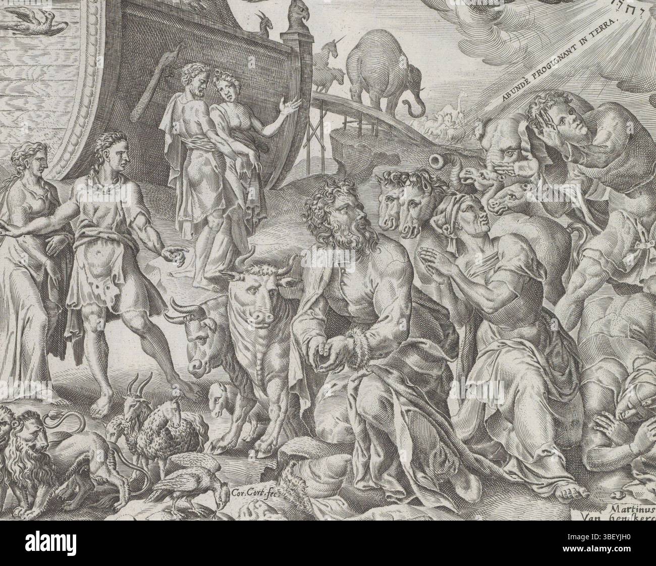 Amsterdam, Visscher, Claes Jansz. II), Heemskerck, Maarten van, Cort, Cornelis, Theatrum Biblicum hoc Est Historiae Sacrae Veteris et Novi Testamenti tabulis Aeneis Expressae, storia di Noè, Noè ringrazia Dio per aver salvato l'arca, Amsterdam, Noè e la sua famiglia inginocchiati sul terreno e guardando verso il tetragramma, il simbolo di Dio (un cerchio luminoso con le lettere ebraiche per Yahweh) sopra di loro in una nuvola. Lasciato dietro l'arca, da cui gli animali attraversano un passaggio pedonale a riva. In fondo un riferimento al testo della Bibbia in Gen. 7:10 in latino. Questa stampa fa parte di un album., stampa, albumsheet, pri Foto Stock