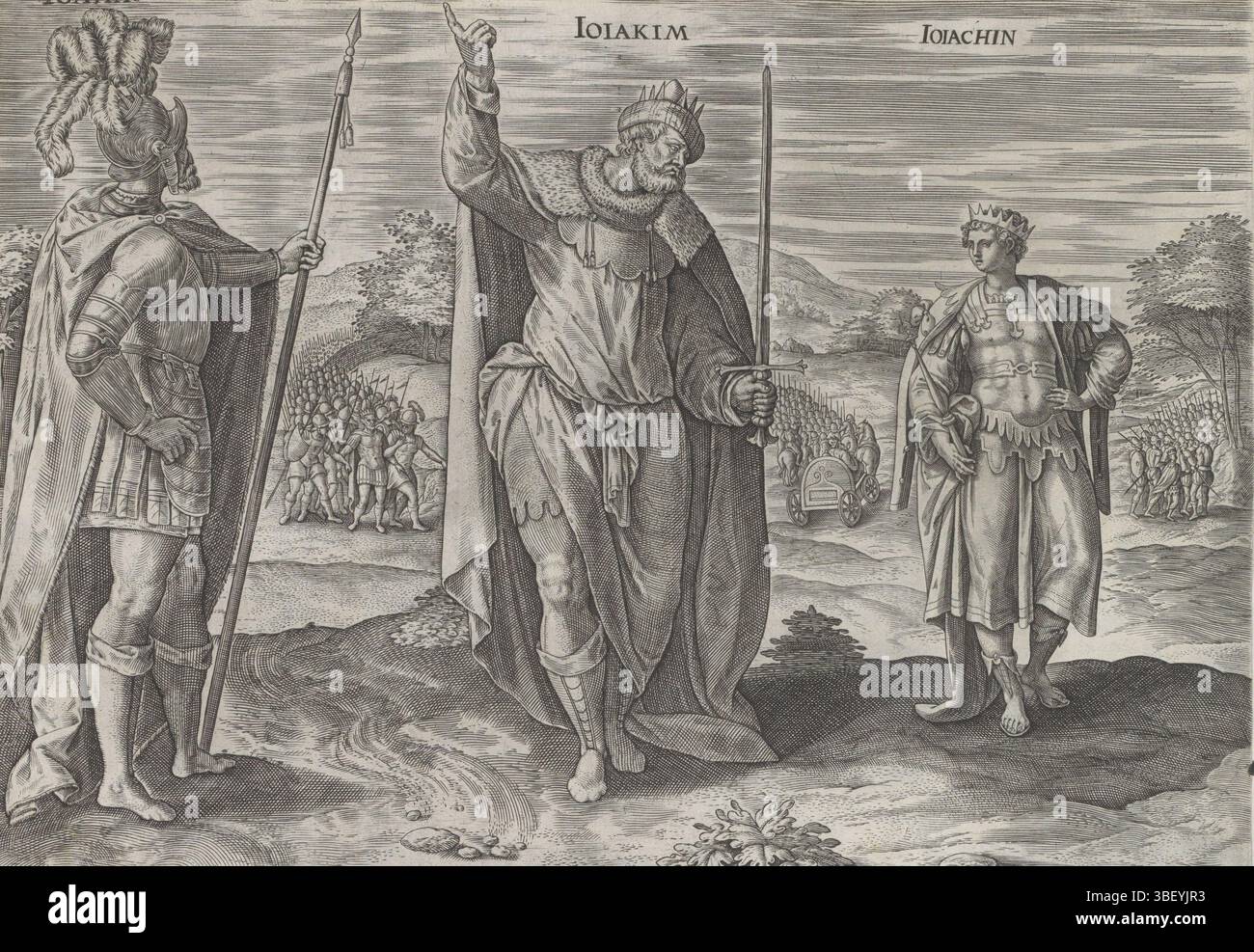 Amsterdam, Visscher, Claes Jansz. II), Vos, Maerten de, Theatrum Biblicum hoc Est Historiae Sacrae Veteris et Novi Testamenti tabulis Aeneis Expressae, Re di Giuda, Joahaz, Joiakim e Joiachin, Amsterdam, i re Joahaz, con la lancia in mano, Joiakim, con la spada in mano, e il giovane re Joiachin. Sullo sfondo eventi importanti della loro vita. Lasciato sullo sfondo la cattura di Joachaz da parte dell'esercito del faraone Necho. Sullo sfondo Jehoiakim viene portato con sé l'esercito del re Nabucodonosor. A destra sullo sfondo la cattura di Jehoiachin da parte dell'esercito del re Nabucodonte Foto Stock