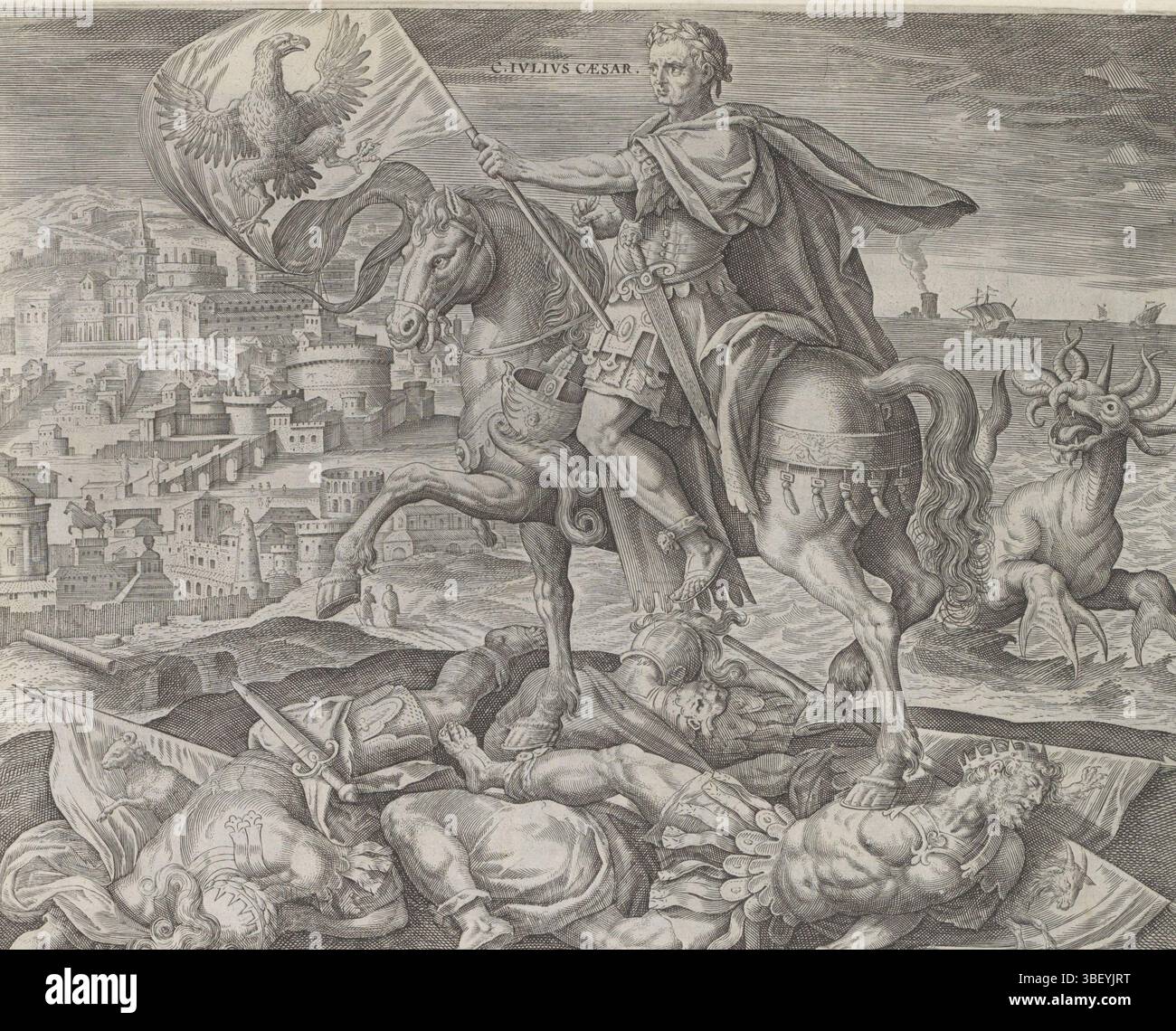 Amsterdam, Visscher, Claes Jansz. II), Vos, Maerten de, Collaert, Adriaen, Theatrum Biblicum hoc Est Historiae Sacrae Veteris et Novi Testamenti tabulis Aeneis Expressae, Teatro di quattro imperi e quattro governanti dalla visione di Daniele, Giulio Cesare come quarto re dalla visione di Daniele, Amsterdam, Giulio Cesare a cavallo, nella sua mano una bandiera con l'immagine di un'aquila (Roma). Il cavallo calpesta il re Ciro di Persia, Nino di Babilonia e Alessandro Magno. Sullo sfondo una faccia di città. Accanto a Giulio Cesare, un mostro poligonale emerge dal mare, un riferimento a un visio Foto Stock