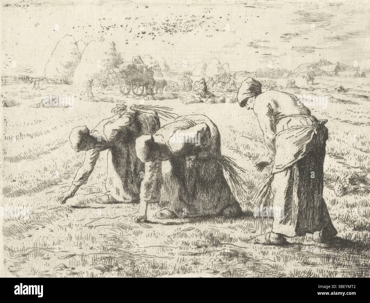 Delâtre, Auguste, Millet, Jean Francois, Les glaneuses, tre donne leggono orecchie sul campo, tre donne o contadine raccolgono le orecchie sprecate di grano su un campo. Un po' più avanti, il raccolto viene impacchettato e caricato su un carro. All'orizzonte ci sono i fienili e una fattoria tra gli alberi., stampa, altezza 192 mm, larghezza 253 mm, 1814-10-04 - 1875-01-20, Printmaker, 1855 - 1855, terzo quarto del XIX secolo, carta, incisione, concezione del lavoro, su disegno proprio di, francese, 1822 - 1907-07-26, stampante Foto Stock Delâtre, Auguste, Millet, Jean Francois, Les glaneuses, tre donne leggono orecchie sul campo, tre donne o contadine raccolgono le orecchie sprecate di grano su un campo. Un po' più avanti, il raccolto viene impacchettato e caricato su un carro. All'orizzonte ci sono i fienili e una fattoria tra gli alberi., stampa, altezza 192 mm, larghezza 253 mm, 1814-10-04 - 1875-01-20, Printmaker, 1855 - 1855, terzo quarto del XIX secolo, carta, incisione, concezione del lavoro, su disegno proprio di, francese, 1822 - 1907-07-26, stampante Foto Stock