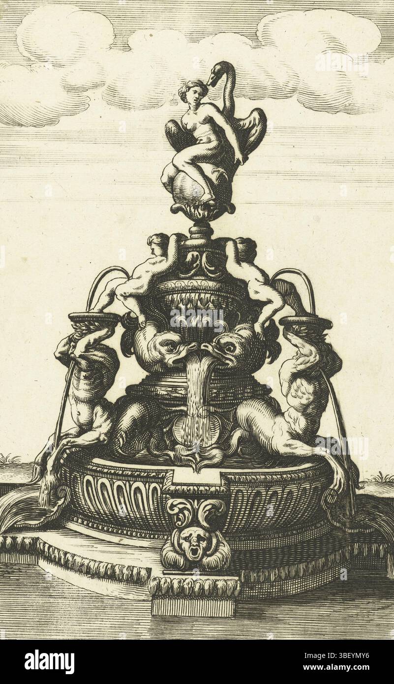 Norimberga, Fürst, Paul, Norimberga, Gerhard, Christoph, Germania, Böckler, Georg Andreas, Architectura curiosa Nova, Fontana con Leda e il cigno, il piedistallo rotondo della fontana è decorato con putti e centauri. Foglio 112 della parte III di una collana composta da 226 fogli, suddivisi in quattro libri, ciascuno con il proprio frontespizio. altezza 261 mm, larghezza 173 mm, concezione del lavoro, dopo la progettazione, 1664 - 1664, terzo quarto del xvii secolo, carta, incisione, stampatore, stampante, pubblicazione (evento), pubblicazione, tedesco, 1605 - 1666, editore Foto Stock