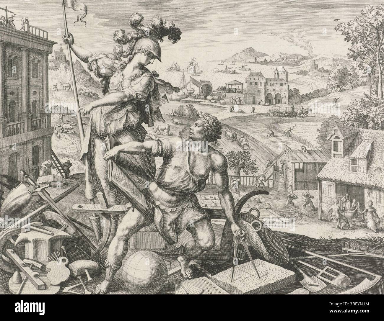 Sadeler, Raphaël (i), Vos, Maerten de, Francoforte, Sadeler, Colonia, i quattro anni, il lavoro, l'età adulta sotto l'influenza del lavoro, verso metà sotto - timbrato, Un giovane uomo è diligente nel tempo con una bussola e un libro sulla costruzione. Intorno a lui strumenti di lavoro intellettuale e fisico. Il suo sguardo è sulla dea Minerva, che sta accanto a lui e lo assisterà con conoscenza ed esperienza in tutto il suo lavoro. Sullo sfondo vi sono tutti i tipi di artigianato, come l'agricoltura, la tessitura, il commercio e l'edilizia. Con didascalia in caratteri latini, stampa, verso il basso - stampigliato, altezza 222 mm, larghezza 258 mm, Foto Stock