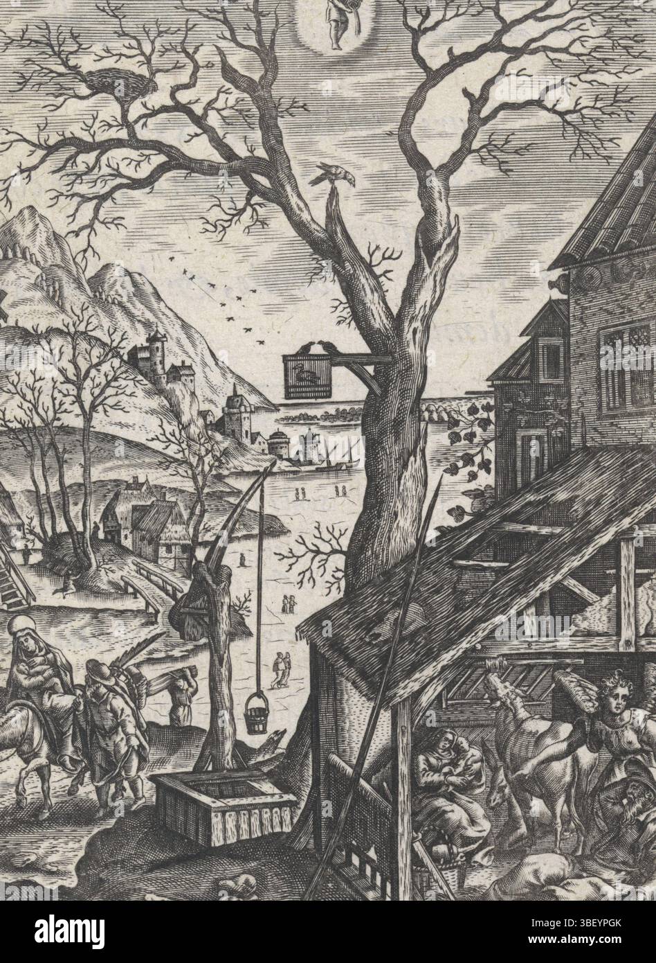 Amsterdam, Swelinck, Jan Gerritsz, Ianvier, i dodici mesi, gennaio, Amsterdam, verso middle - timbrato, il mese di gennaio. In un paesaggio invernale con pattinatori Giuseppe conduce l'asino con Maria e il bambino Cristo. Maria siede accanto al bue con il bambino Cristo in una stalla attaccata a una casa. Dormendo a Joseph viene detto in sogno da un angelo che deve fuggire con la sua famiglia in Egitto per fuggire da Erode. Nel cielo il simbolo della costellazione dell'Acquario. Sotto la stampa quattro regole in francese con un riferimento a matematica. 2. Su entrambi i lati del testo un contrassegno di stampa., stampa, altezza 140 mm, larghezza Foto Stock