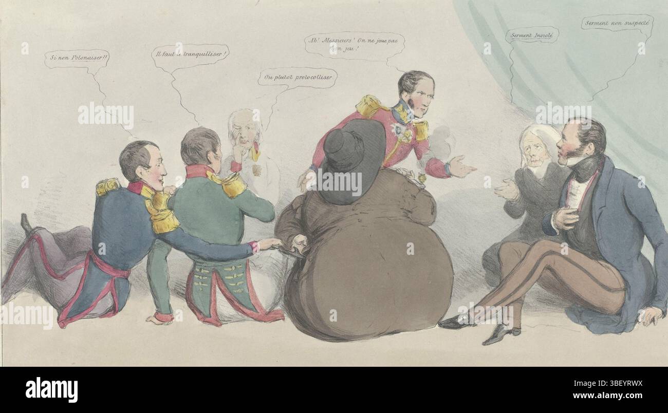 Londra, McLean, Thomas, Londra, Meifred, Lemercier & Co, Doyle, John, schizzi politici, Hunt the Slipper, o "Cherche qui peut". A Ruseio Dutch game, Spotprent on re Leopoldo, 1832, in basso a sinistra - timbrato, Spotprent sul re belga Leopoldo i, 1832. I rappresentanti delle superpotenze europee siedono sul campo e giocano un gioco per bambini in cui viene tramandata una pantofola. I Paesi Bassi siedono al centro, Russia, Austria e Prussia si siedono a sinistra, a destra due uomini in hamburger: Palmerston e Talleyrand che rappresentano Gran Bretagna e Francia. Il russo (zar Nicolaas i) mette la pantofola nella tasca del grasso Foto Stock