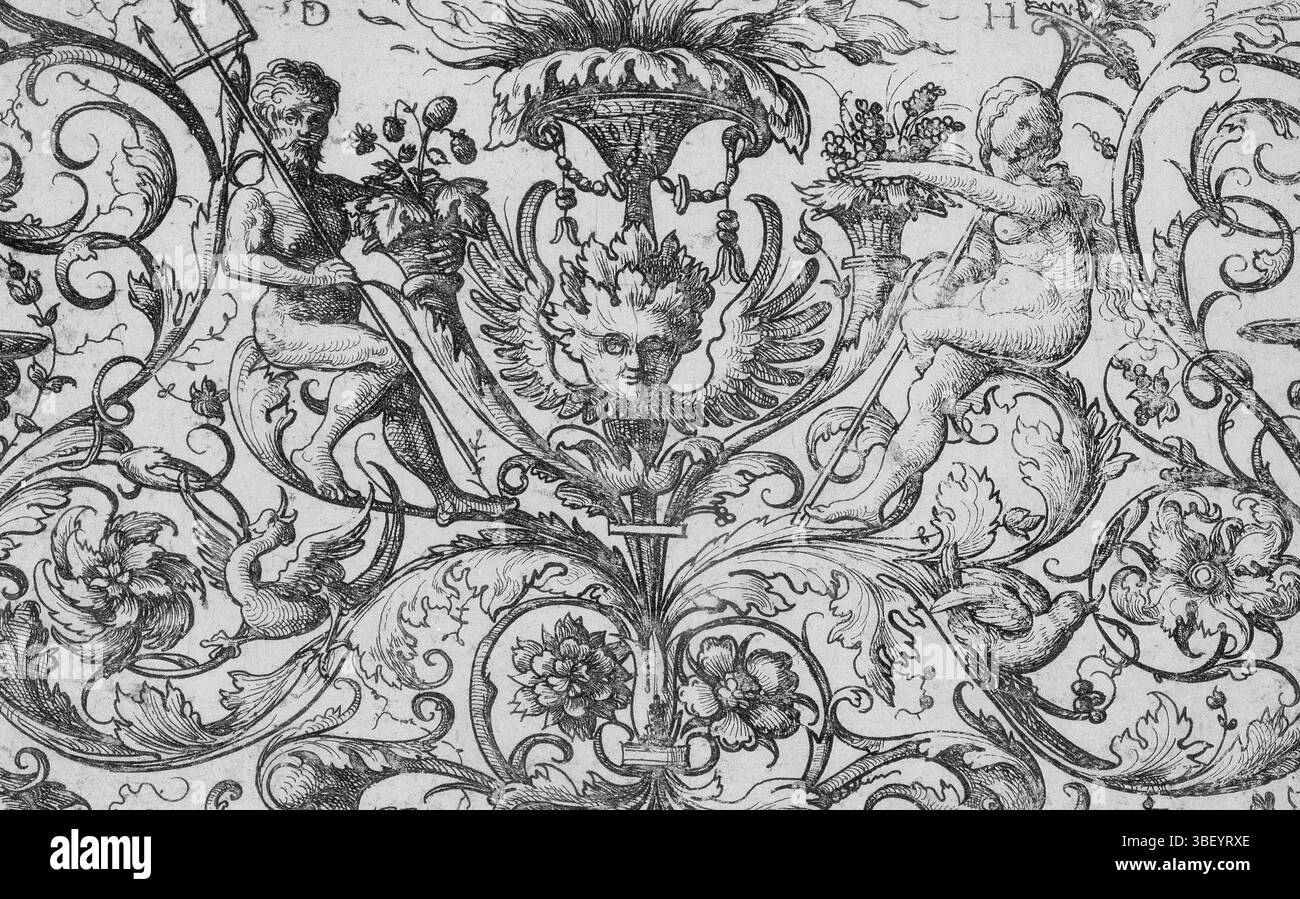 Germania, Germania, Hopfer, Daniele (i), ornamento con dio del mare e una ninfa, Nettuno e Cerere (?) Circondato da vigneti di foglie e grottesche, Vlakdecoratie. Al centro un cherubino tra due corna di abbondanza., stampa, stampa ornamentale, stampe, stampe ornamentali, altezza 85 mm, larghezza 135 mm, 1470 - 1536, macchina per stampa, 1480 - 1536, quarto quarto XV secolo, quarto XVI secolo, primo quarto XVI secolo, secondo quarto XVI secolo, carta, incisione, concezione del lavoro, per disegno, pubblicazione, editore Foto Stock
