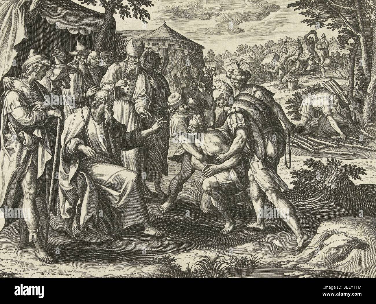 Anversa, Galle, Philips, Anversa, Vos, Maerten de, Collaert, Adriaen, Decalogvs cvm acerbissimis, dieci comandamenti, punizione dell'autore del reato di sabato: il terzo comandamento, verso il centro sotto - timbrato, Un uomo che era andato a raccogliere legna durante lo Shabbat prima che un incendio fosse portato davanti a Mosè (numeri 15:32-36). Questa è una violazione del terzo comandamento: "Ricorda il sabato". L'uomo è condannato a morte per lapidazione. La stampa ha una didascalia latina. La serie raffigura i dieci Comandamenti per mezzo di scene dell'Antico Testamento., stampa, 29, recto proprio sopra - scritto, verso il centro Foto Stock