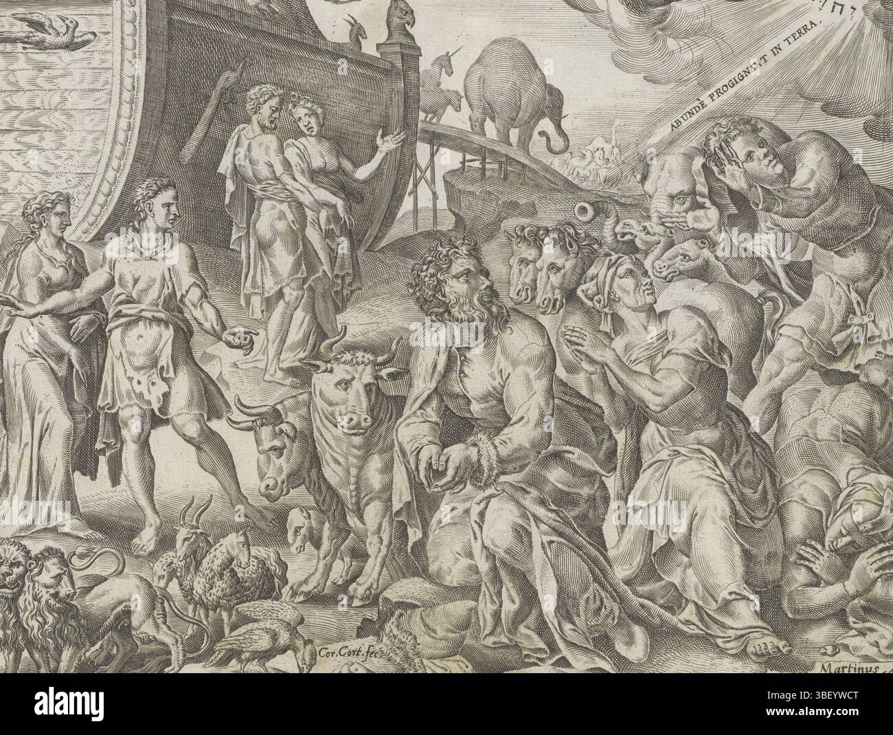 Alkmaar, Schabaelje, Jan Philipsz, Amsterdam, Visscher, Claes Jansz. II), Heemskerck, Maarten van, Cort, Cornelis, den Grooten Figuer-Bibel, storia di Noè, Van Noah e i Diluvie, Noè ringrazia Dio per la salvezza dell'arca, in basso a destra - scritto a mano in inchiostro marrone, Noè e la sua famiglia si inginocchiano a terra e guardano il tetragramma, il simbolo di Dio (un cerchio luminoso con le lettere ebraiche per Yahweh) sopra di loro in una nuvola. Lasciato dietro l'arca, da cui gli animali attraversano un passaggio pedonale a riva. In fondo un riferimento al testo della Bibbia in Gen. 7:10 in latino. Questa stampa è parte o. Foto Stock