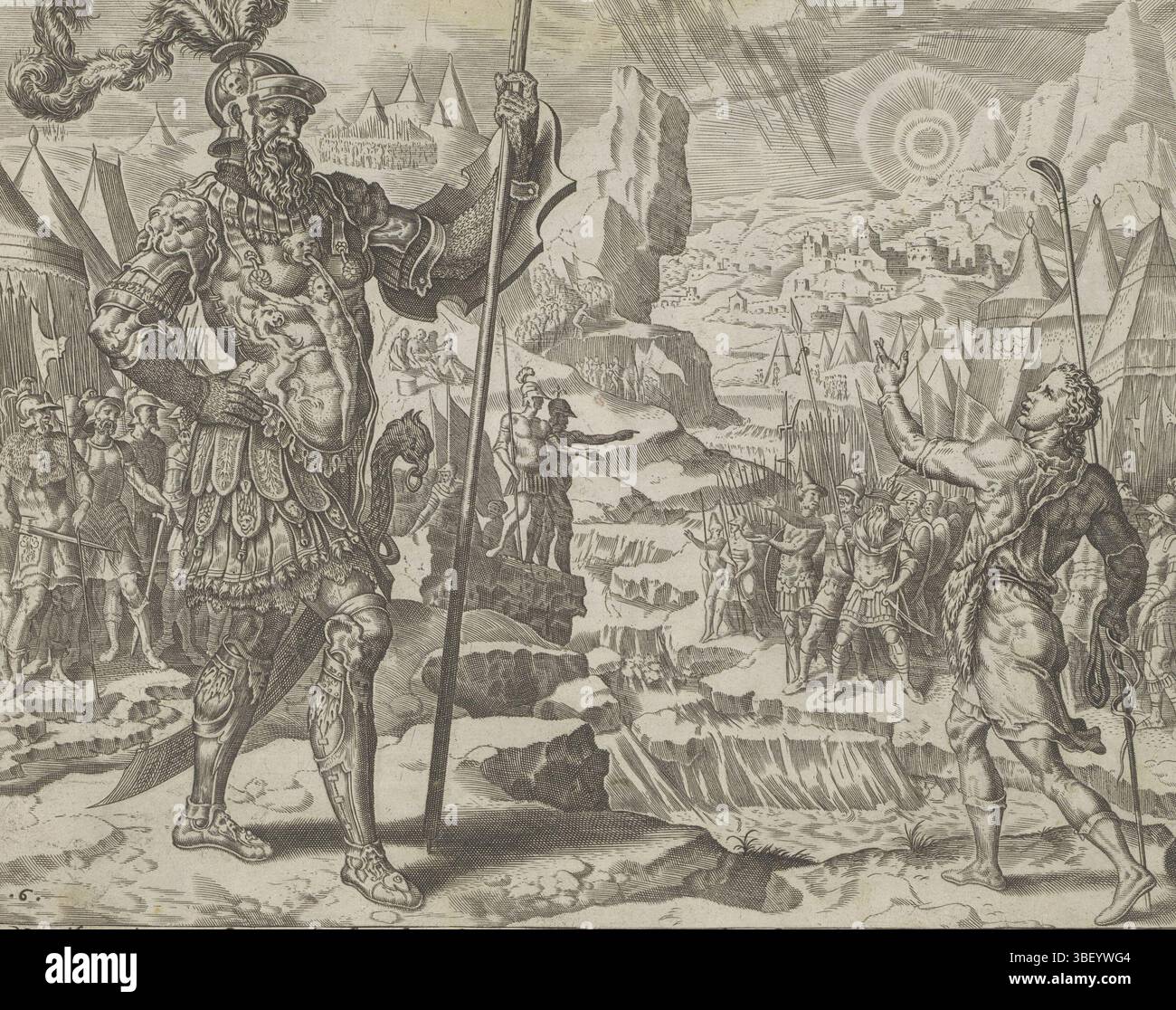 Alkmaar, Schabaelje, Jan Philipsz, Amsterdam, Visscher, Claes Jansz. (II), Heemskerck, Maarten van, Den Grooten Figuer-Bibel, storia di Davide e Saul, Van Saul, David e Golia, confronto tra Davide e Golia, in basso a destra - scritto a mano in inchiostro marrone, David indossa abiti semplici per il Golia Filisteo. Nella sua mano destra ha il bastone del pastore e il pendolo. Stanno parlando tra loro mentre entrambi gli eserciti stanno guardando. Sotto la rappresentazione un riferimento in latino al testo della Bibbia in 1 Sam. 17. Questa stampa fa parte di un album., stampa, albumsheet, stampe, 140, altezza Foto Stock