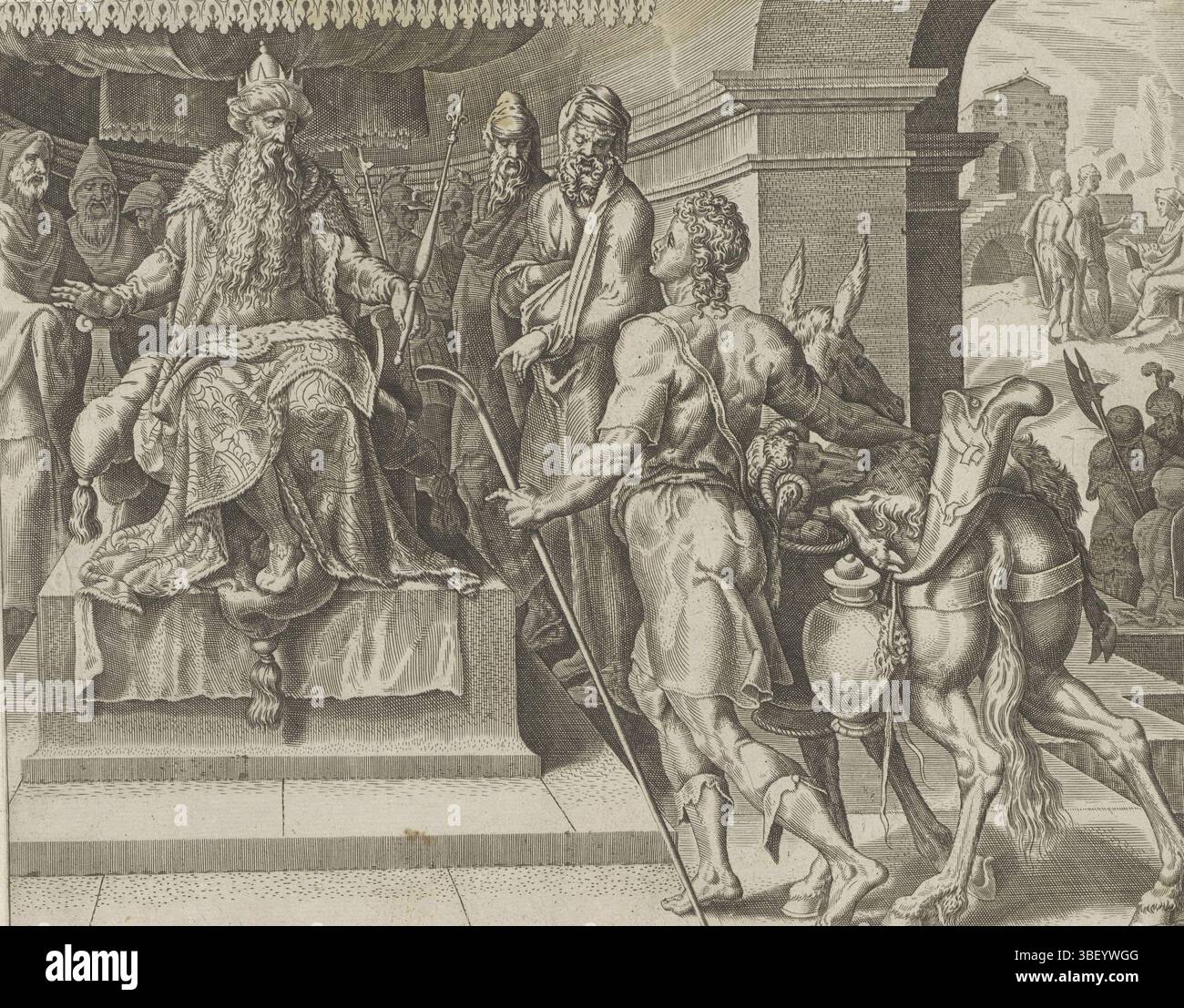 Alkmaar, Schabaelje, Jan Philipsz, Amsterdam, Visscher, Claes Jansz. II) Heemskerck, Maarten van, Den Grooten Figuer-Bibel, storia di Davide e Saul, Van Saul, Davide e Golia, Saul ricevette Davide alla corte, sotto - scritto a mano con inchiostro marrone, Davide sta per Saul, dopo essere stato convocato dal re a causa della sua buona reputazione di arpista. Accanto a David, un asino con regali per Saul. Sotto la rappresentazione un riferimento in latino al testo della Bibbia in 1 Sam. 16. Questa stampa fa parte di un album., stampa, foglio di albumina, stampe, 136 altezza 205 mm, larghezza 250 mm, stampatore, 1554 - 1558, pa Foto Stock