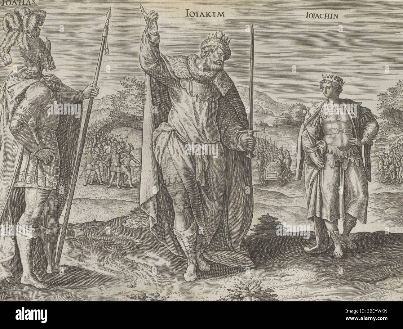 Alkmaar, Schabaelje, Jan Philipsz, Amsterdam, Visscher, Claes Jansz. II), Vos, Maerten de, Den Grooten Figuer-Bibel, Re di Giuda, Van de Coningen Iuda, Joachaz, Jehoiakim e Jojachin, in basso a destra - scritti a mano con inchiostro marrone, i re Joachaz, con lancia in mano, Jehoiakim, con spada in mano, e il giovane re Jehoiachin. Sullo sfondo eventi importanti della loro vita. Lasciato sullo sfondo la cattura di Joachaz da parte dell'esercito del faraone Necho. Sullo sfondo Jehoiakim viene portato con sé l'esercito del re Nabucodonosor. A destra sullo sfondo la cattura di Jehoiachin da parte dell'ar Foto Stock