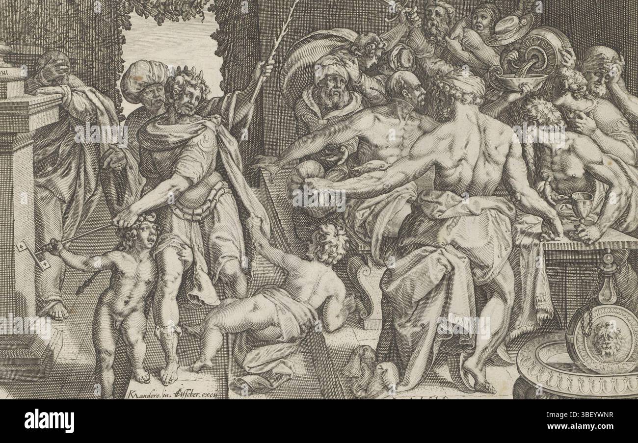 Alkmaar, Schabaelje, Jan Philipsz, Amsterdam, Visscher, Claes Jansz. II), Groot, Hugo de, Mander, Karel van (i), Dolendo, Zacharias, Den Grooten Figuer-Bibel, Scene dall'apocrifo Bibbia libro 3 Esdras, potenze che governano il mondo, Van Zorobabel ende sijn Raetsel, potere del vino, in basso a destra - scritto a mano in inchiostro marrone, il vino come sovrano del mondo. Intorno a un tavolo gli uomini bevono vino. Anche un re, a sinistra, è sotto l'influenza del vino. Intorno a lui personaggi ubriachi. A sinistra sotto un riferimento al testo in 3 Esdras 3-4. Sotto i versetti delle prestazioni in latino. Questa stampa fa parte di una al Foto Stock Alkmaar, Schabaelje, Jan Philipsz, Amsterdam, Visscher, Claes Jansz. II), Groot, Hugo de, Mander, Karel van (i), Dolendo, Zacharias, Den Grooten Figuer-Bibel, Scene dall'apocrifo Bibbia libro 3 Esdras, potenze che governano il mondo, Van Zorobabel ende sijn Raetsel, potere del vino, in basso a destra - scritto a mano in inchiostro marrone, il vino come sovrano del mondo. Intorno a un tavolo gli uomini bevono vino. Anche un re, a sinistra, è sotto l'influenza del vino. Intorno a lui personaggi ubriachi. A sinistra sotto un riferimento al testo in 3 Esdras 3-4. Sotto i versetti delle prestazioni in latino. Questa stampa fa parte di una al Foto Stock