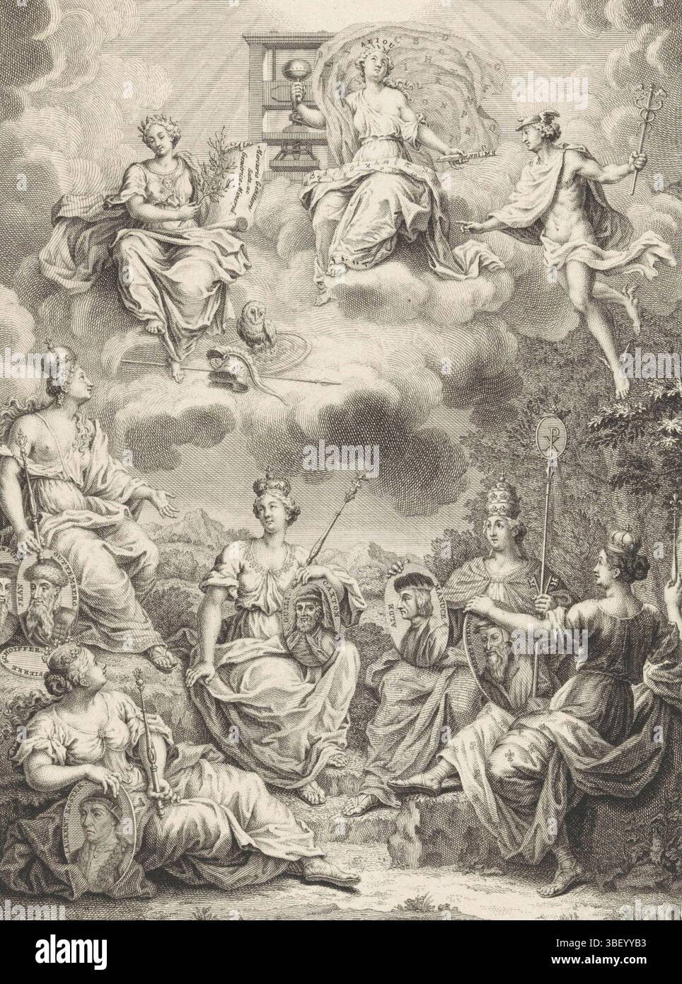 Home Page: Prospero Marchand, Histoire de l'origine de l'imprimerie, 1740, allegorie op de boekdrukkunst, l'Aia, verso - timbrato, su una nuvola è una personificazione dell'arte della stampa con una tipografia. È affiancata da Minerva con scudo, casco e gufo e mercurio con caduceo. Tra questi ci sono personaggi provenienti da Germania, Olanda, Inghilterra, Italia e Francia. Portano ritratti di persone che sono state importanti per la stampa. Nel margine inferiore un testo francese a tre righe., stampa, frontespizio, stampa, altezza 218 mm, larghezza 160 mm, Noord-Nederlands, 1715-07-26 - 1779-02-12, stampatore, 1739 - 1 Foto Stock
