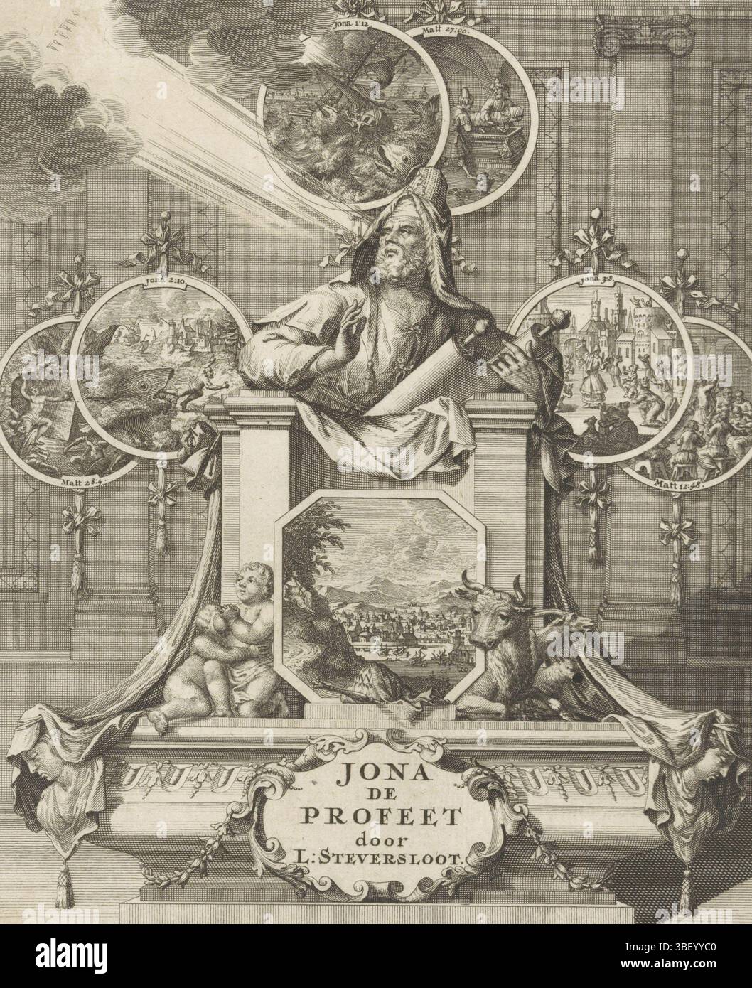 Pagina iniziale: Laurens Steversloot, Giona il profeta, 1730, Profeta Giona, Leida, verso - timbrato, il profeta Giona con il rotolo in mano guarda i raggi di luce dal cielo che gli appaiono. Circa sei medaglioni con scene della vita del profeta e scene corrispondenti del nuovo Testamento. Tra questi c'è un paesaggio urbano di Ninevé fiancheggiato da bambini e bestiame e Jona che guarda da sotto l'albero delle meraviglie., stampa, frontespizio, stampe, altezza 200 mm, larghezza 162 mm, Noord-Nederlands, 1671-05-24 - 1746-10-15, stampatore, 1730 - 1730, carta, incisione, incisione (processo di stampa), pezzo da lavoro Foto Stock