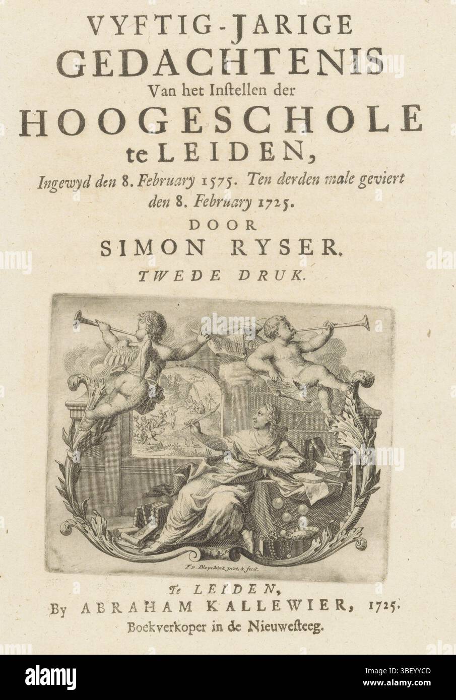 Home Page: Simon Rijser, Vyftig-Jarige Rememance Van het Instellen der hoogeschole te Leiden, 1725, figura allegorica in biblioteca, Leida, verso - timbrata, una figura allegorica di donna siede in una biblioteca appoggiata su un tavolo con libri e uno strumento ad arco. Proprio sotto un tesoro o una scatola di gioielli e una bolla. Sullo sfondo Apollo, le muse e Pegaso sul monte Parnaso. Intorno a una cornice con putti che soffiano tromba., stampa, frontespizio, stampe, altezza 90 mm, larghezza 112 mm, altezza 240 mm, larghezza 181 mm, North-Nederlands, 1671-05-24 - 1746-10-15, stampatore, 1725 - 1725, carta, incisione, incisione Foto Stock