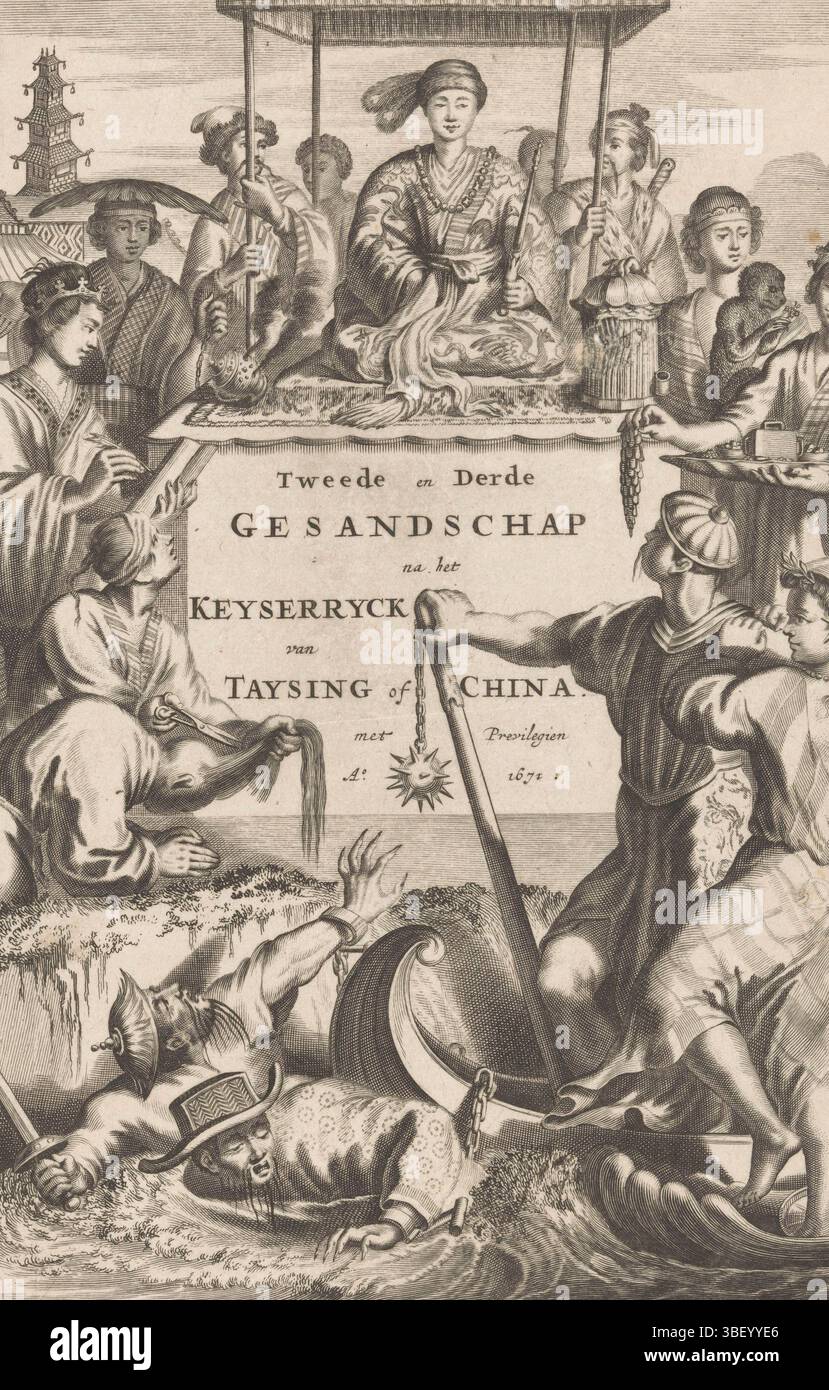Pagina iniziale di: Olfert Dapper, secondo e terzo Sundance dopo il Keyseryck di Taysing di Cina, 1671, imperatore cinese sul trono, Amsterdam, verso - timbrato, Un imperatore cinese siede sui sedili dei sarti sotto un baldacchino su un trono. In giro ci sono servitori con un barile di incenso, un libro, una scimmia e un vassoio con cibo. A sinistra, una figura inginocchiata taglia i capelli. In primo piano ci sono due figure con una mazza su una barca, in acqua ci sono due figure a catena., stampa, frontespizio, stampe, altezza 289 mm, larghezza 187 mm, macchina per la stampa, 1671 - 1671, carta, incisione, incisione (processo di stampa), pubblicazione (evento) Foto Stock