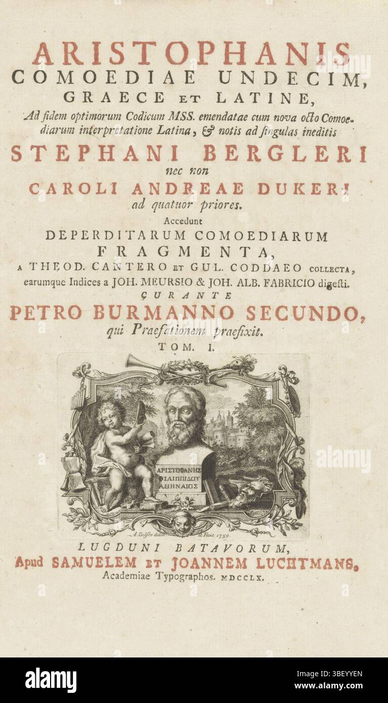 Home Page: Pieter Burman junior, Aristophanis comudiae undecim, graece et latine, 1760, Buste van Aristophanes e putto con maschera, in cartiglio, Leida, verso - timbrato, Buste van Aristofane e putto con maschera nel giardino di un castello. In un cartiglio con strumenti musicali, stampa, frontespizio, stampe, altezza 70 mm, larghezza 94 mm, altezza 260 mm, larghezza 212 mm, Noord-Nederlands, 1731-03-08 - 1820-07-13, stampatrice, 1759 - 1759, carta, incisione, stampa di carta intestata, stampa di libri, ideazione del lavoro, secondo il proprio design, pubblicazione (evento), pubblicazione, editore Foto Stock
