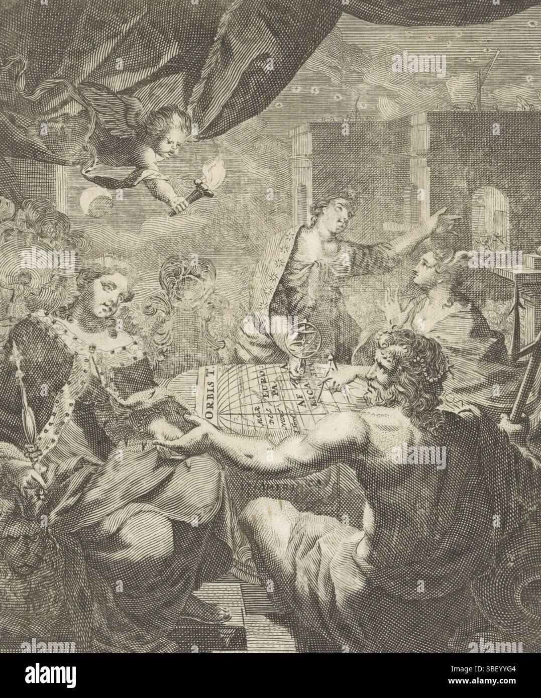 Arnoldus van (editore), Berge, Pieter van den, Home Page per: S.N. Sanson, Les Quatre parties du monde, 1699, predicazione allegorica con i quattro continenti, Amsterdam, verso - timbrato, personificazioni dei quattro continenti Europa, Asia, America e Africa sono intorno a una mappa del mondo. A sinistra vola un putto con torcia., stampa, frontespizio, stampe, altezza 187 mm, larghezza 139 mm, Noord-Nederlands, 1659-11-16 - 1737-12-11, stampatore, 1699 - 1699, carta, incisione, incisione (processo di stampa), concetto di lavoro, secondo il proprio progetto, pubblicazione (evento), pubblicazione, editore Foto Stock
