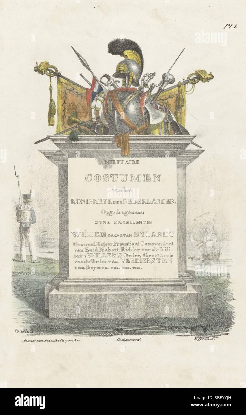 Bruxelles, Schouten-Carpentier, Bruxelles, Courtois, Militaire Costumes van het Ottoryk der Nederlanden, Footpiece met Trophy, stampato verso, trofeo d'arma su piedistallo, sullo sfondo un soldato in piedi e una nave da guerra., stampa, stampa del titolo, stampe, altezza 362 mm, larghezza 288 mm, stampatore, 1820 - 1825, carta, litografia (tecnica), colori delle mani, stampante, pubblicazione (evento), pubblicazione, editore Foto Stock
