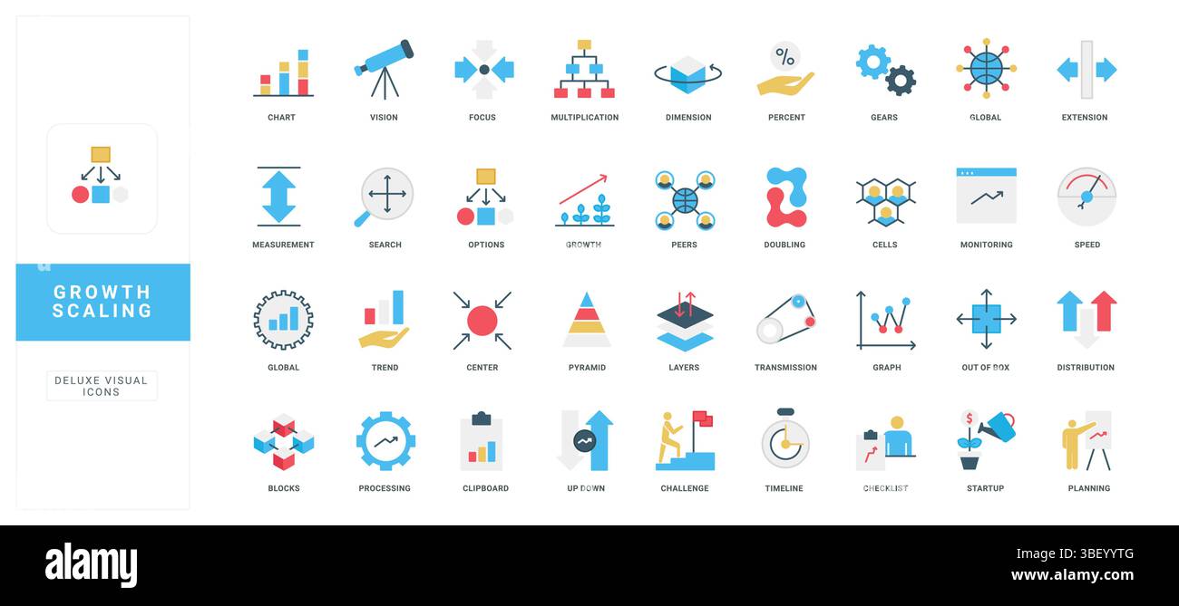 Crescita e scalabilità, strategia efficiente e processo di sviluppo aziendale - set di icone a colori. Aumento della leadership e dei ricavi, incremento dell'avvio, grafico dei dati e frecce di espansione illustrazione vettoriale piatta Illustrazione Vettoriale