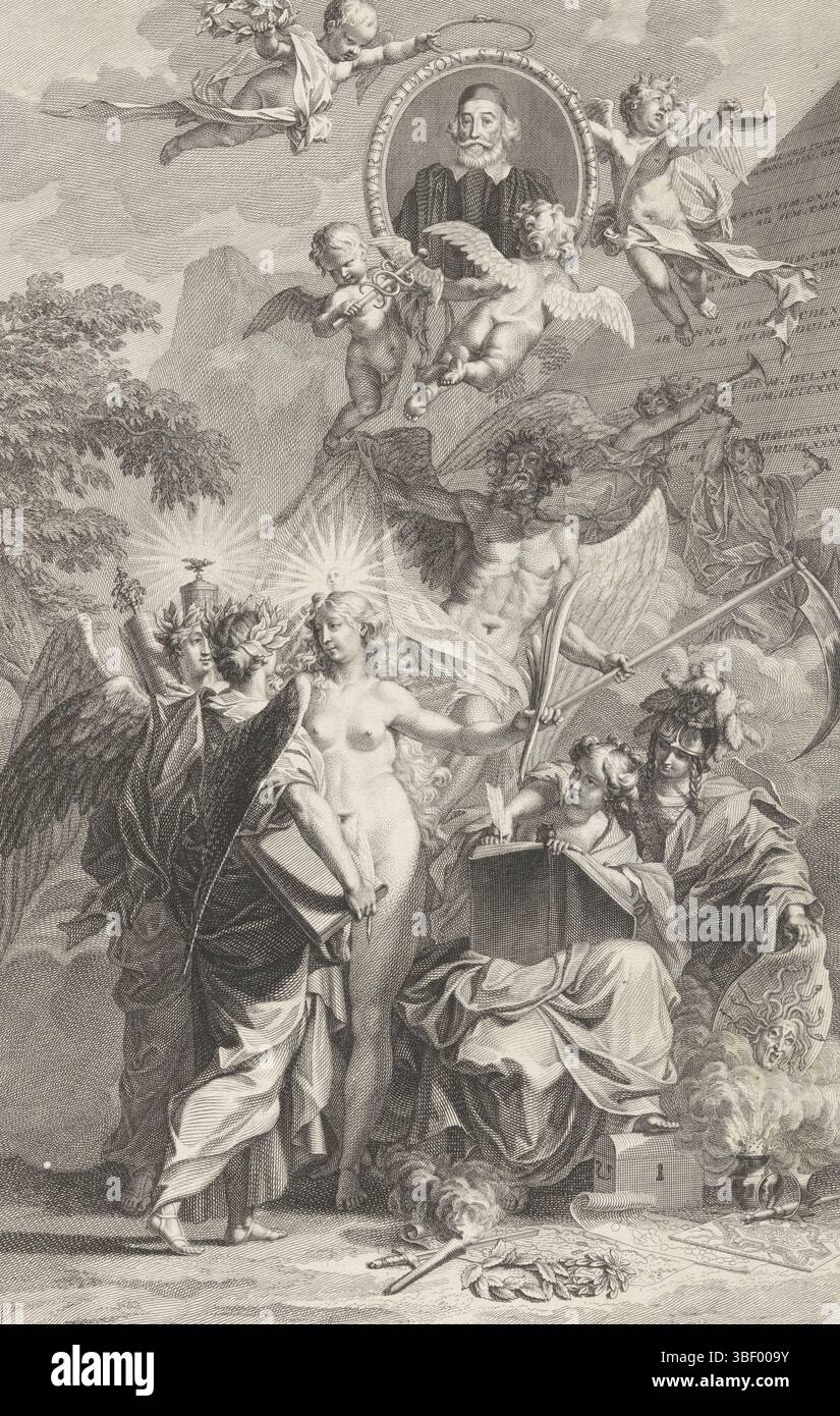 Leiden, Linden, Johannes van der (editore), Wandelaar, Jan, Home Page per: Edward Simson, Chronicon Historian catholicam complectens, 1729, frontespizio allegorico con il ritratto dello scrittore Edward Simson, Leiden, verso - timbrato, Minerva siede accanto a History e guarda le spalle al libro in cui scrive. La storia vede tre figure allegoriche femminili (verità, poesia e una terza figura). Dietro di loro padre tempo, Faam e una figura a due teste che iscrive uno scalpello in una piramide. Quattro putti volano nel cielo, con i simboli dell'eternità nelle loro mani, portando il ritratto del writ Foto Stock