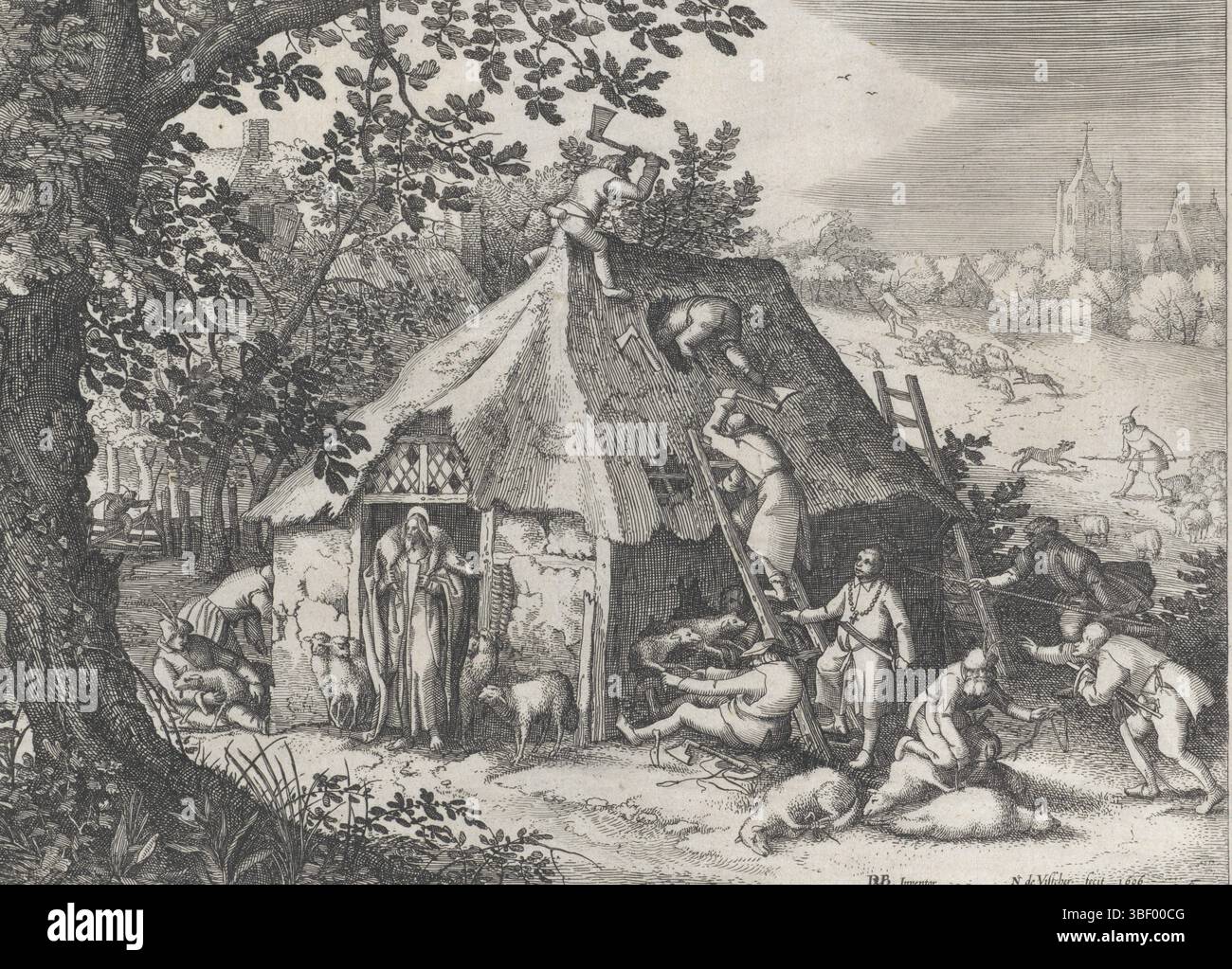 Vinckboons, David (i), Amsterdam, Visscher, Claes Jansz. (II), Cristo nella gabbia delle pecore, timbrato verso, parabola del buon Pastore: Cristo come buon Pastore, un agnello sulle sue spalle, all'ingresso di una stalla di pecore. Ladri e ladri rubano le pecore dalla stalla. Due di loro si siedono sul tetto e distruggono questo con le asce. Proprio dietro un pastore che protegge il suo gregge dall'attacco di un lupo. Completamente sullo sfondo, sulla destra, un castello. Con 4 righe didascalia olandese: Ick am des...waech My Life (IOAN CAP. X), stampa, DVB Inventor N de Visscher fecit 1606, in basso a destra - inciso, Ick Foto Stock