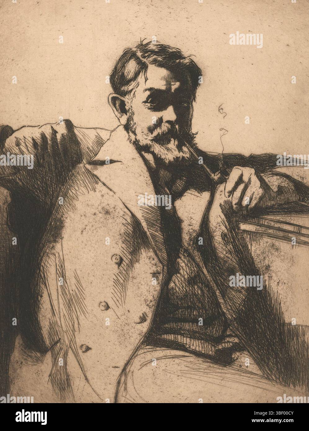 Lumsden, Ernest Stephen, Lumsden, Ritratto di Sir Frank Brangwyn con tubo, verso - stampato, stampato, verso - stampato, altezza 304 mm, larghezza 245 mm, inglese, 1883-12-22 - 1948-09-29, stampatore, 1921 - 1921, carta, incisione, tono piastra, stampante Foto Stock