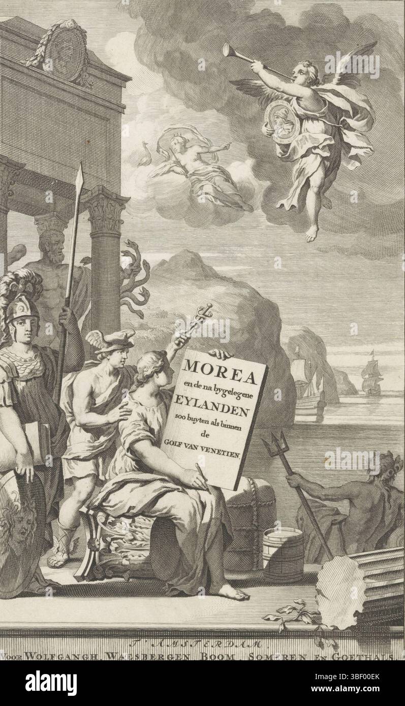 Amsterdam, Goethals, Rembertus, Amsterdam, Someren, vedova Joannes van, Boom, Hendrick en Weduwe Dirk, Janssonius van Waesberge, Johannes (II), Wolfgang, Abraham, pagina iniziale di: Olfert Dapper, Morea ed Eylanden comprarono soo come all'interno del Golfo di Venetien, 1688, esibizione allegorica con Minerva, mercurio, Nettuno ed Ercole, verso - timbrato, Una donna con una tavoletta con un titolo è su un capitolo. Alla sua sinistra ci sono Minerva con lancia e scudo e mercurio con caduceo. Sulla destra c'è Nettuno lungo l'acqua con il suo tridente. A sinistra tra quattro colonne si erge Ercole con il serpente a più teste le Foto Stock