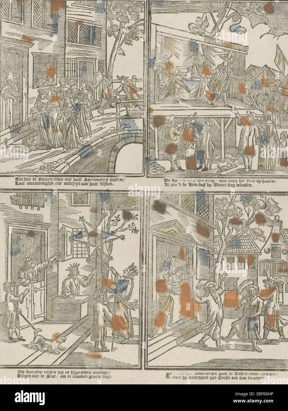 Amsterdam, Kannewet, Johannes (II), tante ricerche praticamente riempiendole la gola e la fiera, e sulle due buche per bere e deliziare, Amsterdam, stampato verso, foglio con 4 spettacoli delle feste in calendario: Pentecoste, fiera, tre re e notte veloce. Sotto ogni immagine un verso a due righe. Numerato in alto a destra: 17., stampa, stampe folk, stampe, altezza 418 mm, larghezza 305 mm, pubblicazione (evento), pubblicazione, olandese, editore, 1725 - 1780, carta, xilografica, colori, stampa letterpress, bookprint, macchina per la stampa, macchina per la stampa Foto Stock