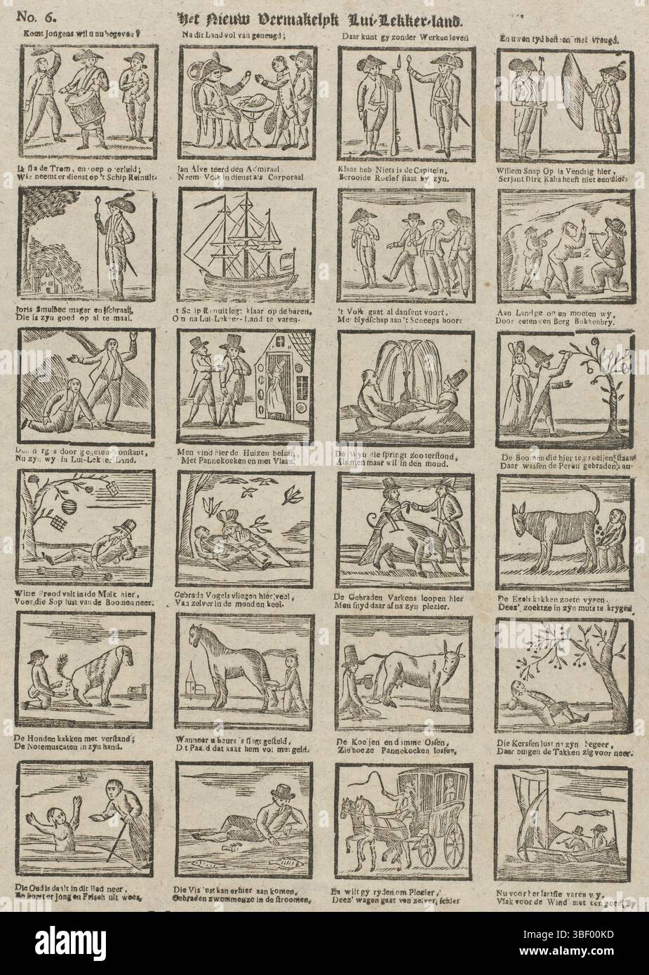 Rotterdam, Hendriksen, Jan, Het nieuw vermakelijk lui-Lekker-Land, Rotterdam, Blad incontrò 24 spettacoli van het Luijkkkerland. Sotto ogni performance un verso a due righe. Numerato in alto a sinistra: N. 6., stampa, stampa folk, stampe, altezza 383 mm, larghezza 302 mm, pubblicazione (evento), pubblicazione, olandese, editore, 1781 - 1828, carta, xilografica, stampa di carta intestata, stampa di libri, stampatore, stampatore Foto Stock