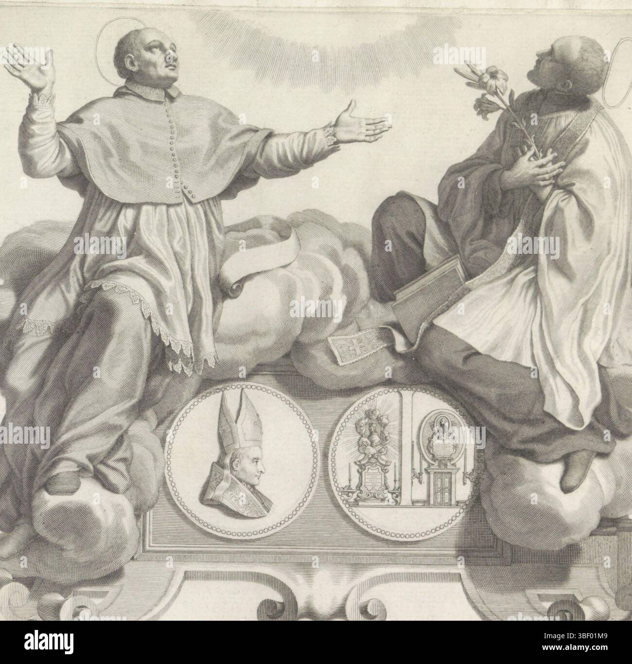 Barbarigo, Giovanni Francesco, Audenaerd, Robert van, Roma, Numismata virorum illustrium ex Barbadica gente, Ritratto di un membro della famiglia Barbarigo con due chierici, timbrato verso, pedana a forma di cartiglio. Quindi un medaglione con sul davanti il ritratto di un membro della famiglia Barbarigo, con la mitra vescovile (senza scrittura di confine). Sul retro due segni commemorativi, forse in una chiesa. Sulle nuvole sul piedistallo ci sono due sacerdoti. Guardano la luce nel culto. L'uomo giusto ha un giglio al petto e un libro in grembo. La stampa fa parte di un album., prin Foto Stock