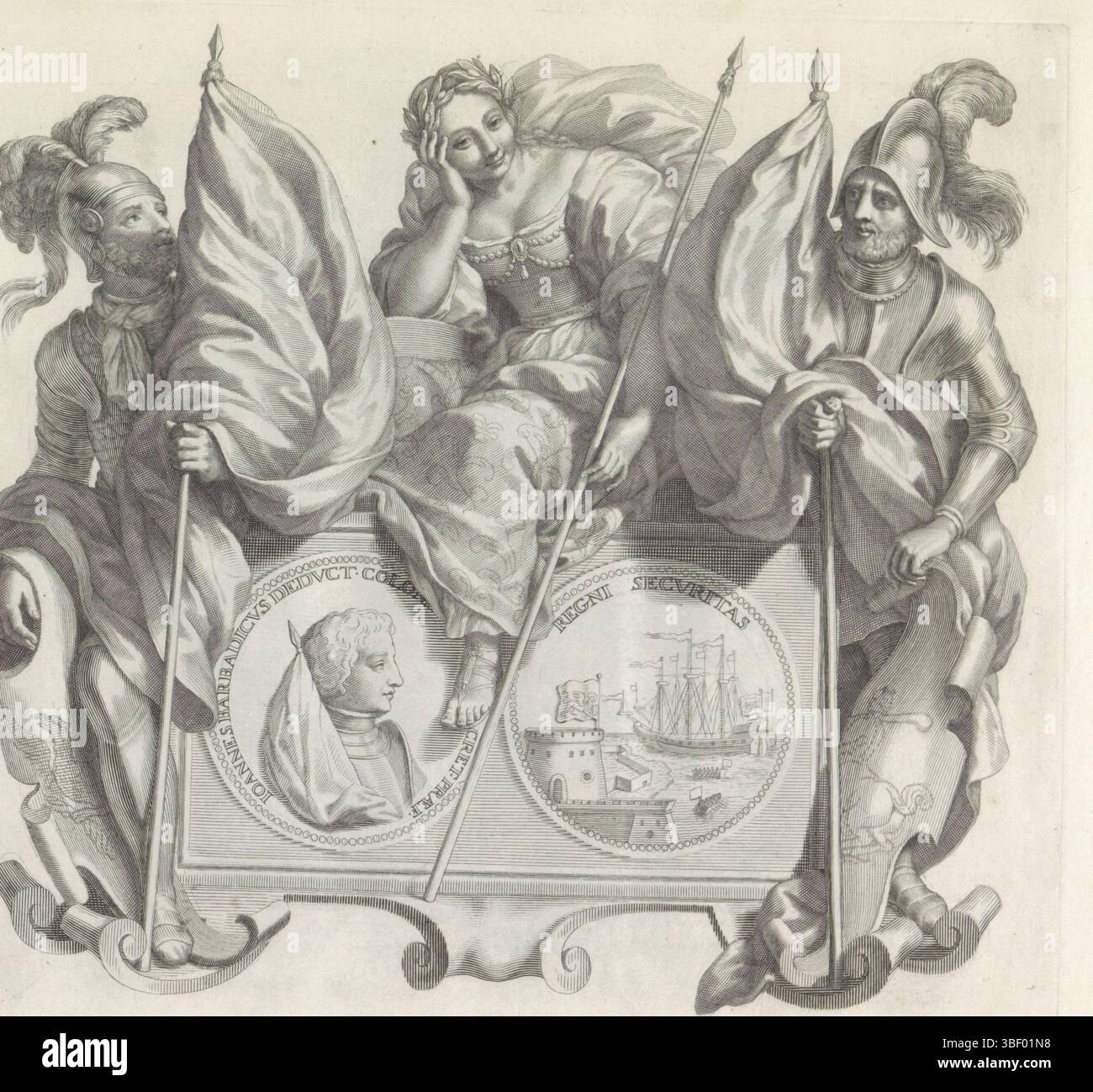 Barbarigo, Giovanni Francesco, Audenaerd, Robert van, Roma, Numismata virorum illustrium ex Barbadica gente, Ritratto di Giovanni Barbarigo e personificazione di fiducia o sicurezza, timbrato verso, Pila a forma di cartiglio. Poi un medaglione con il ritratto di Giovanni Barbarigo sul davanti. Sul retro un porto fortezza con nave. Le bandiere con l'arma di Venezia. Aggiungere il testo: Regni Securitas. Il piedistallo è affiancato da due uomini corazzati con striscioni. La sinistra ha un'aquila sul suo stemma. Il giudice un centauro con la mazza. La donna nel mezzo è fiducia o sicurezza. Lei si svela Foto Stock