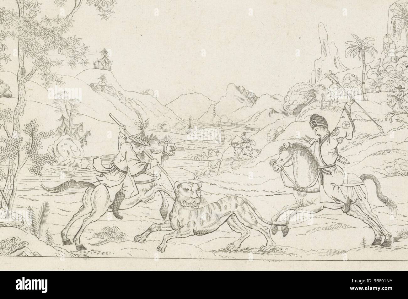 Amsterdam, Schenk, Pieter (II), Amsterdam, Nieuwe invente Sineesen met grote moyte geschekent en in 't Ligt gegeven, door P. Schenk Jun, terza parte, scene di caccia cinesi, Landschap met de naar op een tigre, verso - timbrato, due uomini cinesi a cavallo fanno la caccia a una tigre o una pantera stampa, ornamentosa, stampe, altezza 161 mm, altezza larghezza 254 mm, Noord-Nederlands, 1693-02-15 - 1775-01-14, stampatore, 1727 - 1775, carta, incisione, etsen, ideazione del lavoro, Noord-Nederd Nederlands, dopo la progettazione, la pubblicazione, l'editore Foto Stock