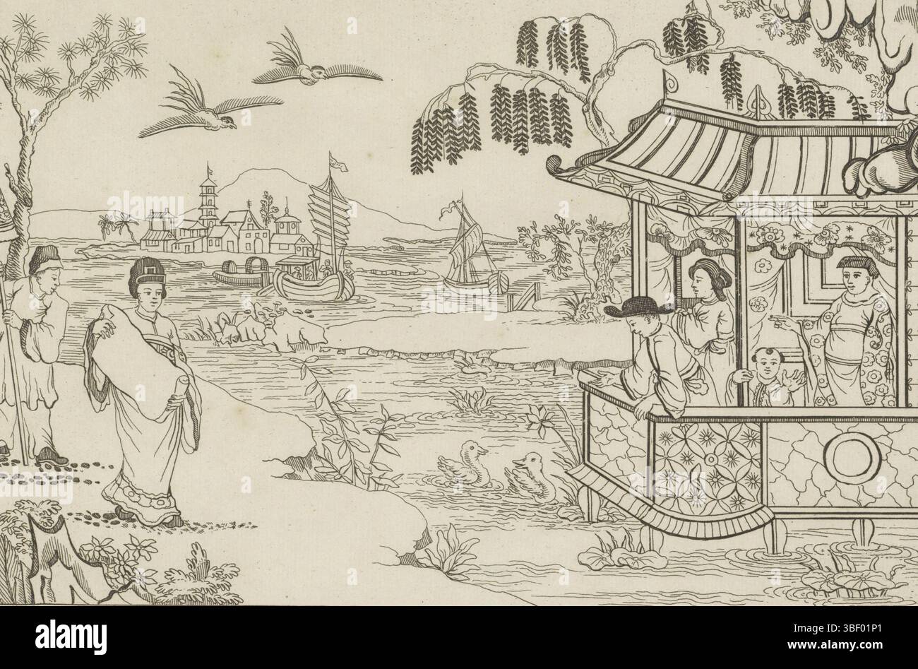 Amsterdam, Schenk, Pieter (II), Amsterdam, Nieuwe invente Sineesen met grote moyte gescheken en in 't Ligt gegeven, door P. Schenk Jun, seconda parte, la signora cinese incontrò documento nel paesaggio, verso - gestamped, Una signora cinese si erge a sinistra con un documento nelle mani di un paesaggio. Dietro di lei un servo con l'ombrellone. Sulla destra quattro figure in un edificio su pali nell'acqua. Sullo sfondo viene spedita la stampa, la stampa ornamentale, le stampe, il verso - timbrato, altezza 163 mm, larghezza 262 mm, Noord-Nederlands, 1693-02-15 - 1775-01-14, stampatore, 1727 - 1775, carta, incisione, concetto di lavoro, secondo il progetto, Foto Stock