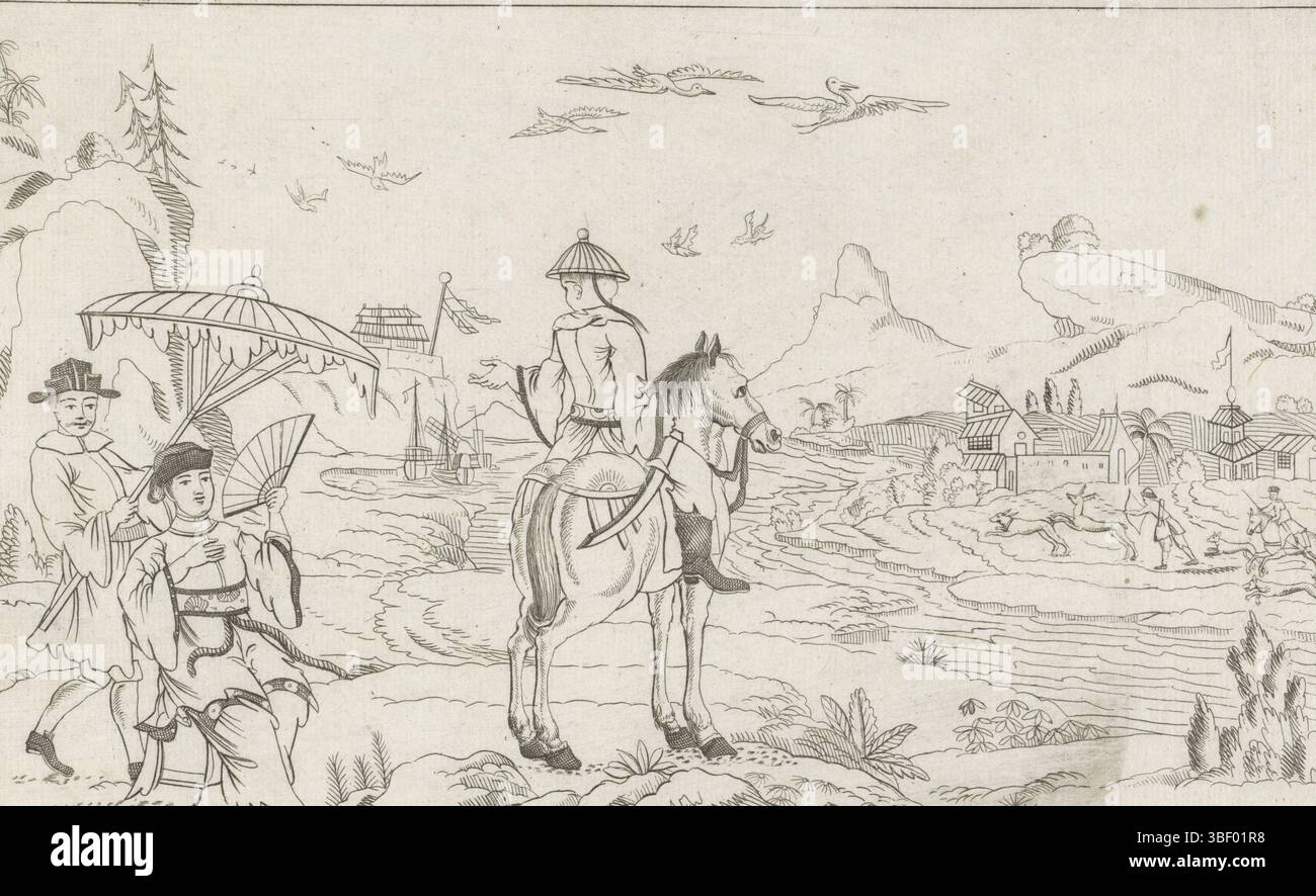 Amsterdam, Schenk, Pieter (II), Amsterdam, Nieuwe invente Sineesen met grote mouyte gescheken en in 't Ligt gegevend, door P. Schenk Jun, terza parte, scene di caccia cinesi, Ruiter en jaartafereel in een paesaggio cinese, - gestamped, Landverso schap met links een eider en kaart incontrò fankeel sotto un ombrellone. Attraverso il paesaggio scorre un fiume con sull'altro lato una scena di caccia., stampa, ornamentostampa, stampe, stampa - timbrata, altezza 162 mm, larghezza 255 mm, Noord-Nederlands, 1693-02-15 - 1775-01-14, stampatore, 1727 - 1775, carta, incisione, incisione, ideazione del lavoro, dopo la progettazione di, Publ Foto Stock