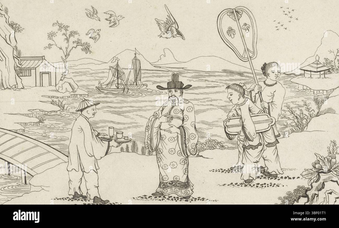 Amsterdam, Schenk, Pieter (II), Amsterdam, Nieuwe invente Sineesen met grote mouyte gescheken en in 't Ligt gegeven, di P. Schenk Jun, seconda parte, il gentiluomo cinese riceve il tè da un servo in un paesaggio, paesaggio con un servitore cinese che serve il suo tè signore, paesaggio con un servitore cinese che porta il tè a un Maestro, vero - timbraccato, paesaggio con un gentiluomo cinese che riceve il tè su un vassoio Dietro le due donne calde, una con l'ombrellone. Sullo sfondo due navi a vela in acqua: Stampa, stampe ornamentali, stampe, stampa verso - timbrato, altezza 162 mm, larghezza 260 mm, Noord-Nederlands, Foto Stock