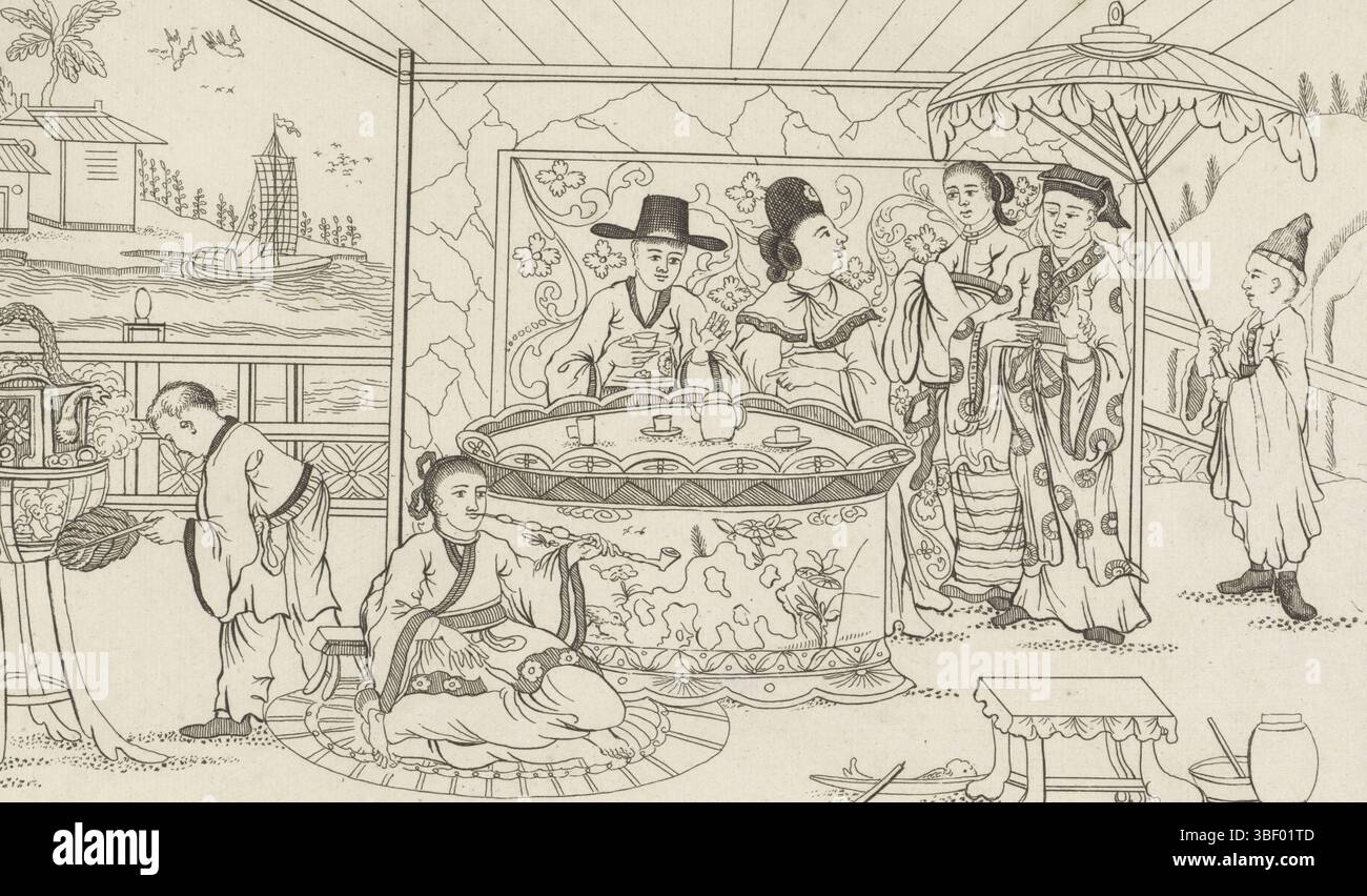 Amsterdam, Schenk, Pieter (II), Amsterdam, Nieuwe invente Sineesen met grote mouyte gescheken en in 't Ligt gegeven, door P. Schenk Jun, seconda parte, statuette cinesi om een teatable, figure cinesi intorno a un tavolo da tè, verso - gestamped, quattro figure cinesi intorno ad un tavolo con teaware. Sulla destra un servo con un ombrellone. In primo piano un uomo seduto sul pipa fumante a terra., stampa, ornamentostampa, stampe, timbrato verso, altezza 164 mm, larghezza 263 mm, Noord-Nederlands, 1693-02-15 - 1775-01-14, stampatore, 1715 - 1725, carta, incisione, incisione, ideazione del lavoro, dopo la progettazione, la pubblicazione Foto Stock