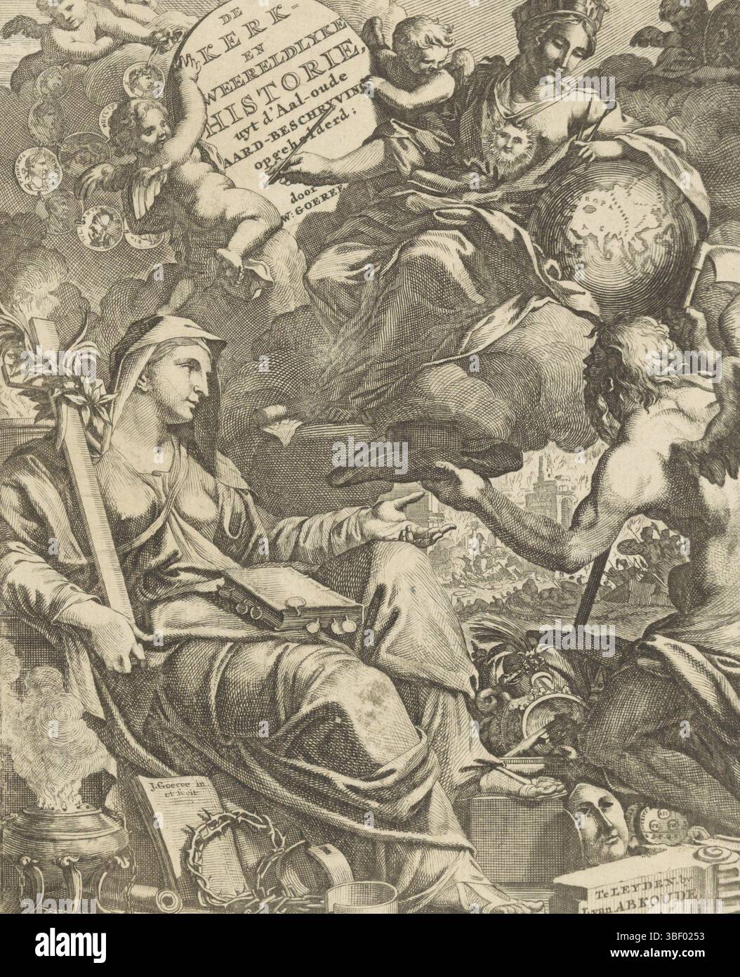 Leiden, Abboude, Johannes van, Goeree, Jan, Home Page per: Willem Goeree, The Churchly and Reverendly Histories, 1729, The Churchly and Reverendly History, Unyt d'AAL-Old Earth-civilizations clarified, Allegory on Church and World history, Leida, verso - timbrato, nelle nuvole la personificazione della verità. Nelle sue mani, un globo e una penna. Accanto ai suoi due putti reggono un ciondolo con il titolo del libro. Altri putti contengono medaglioni di ritratti di persone della storia mondiale. Padre tempo e fede sono tra loro. Il tempo alato consegna un cappello (simbolo di fedeltà) alla fede. Nel backgrou Foto Stock