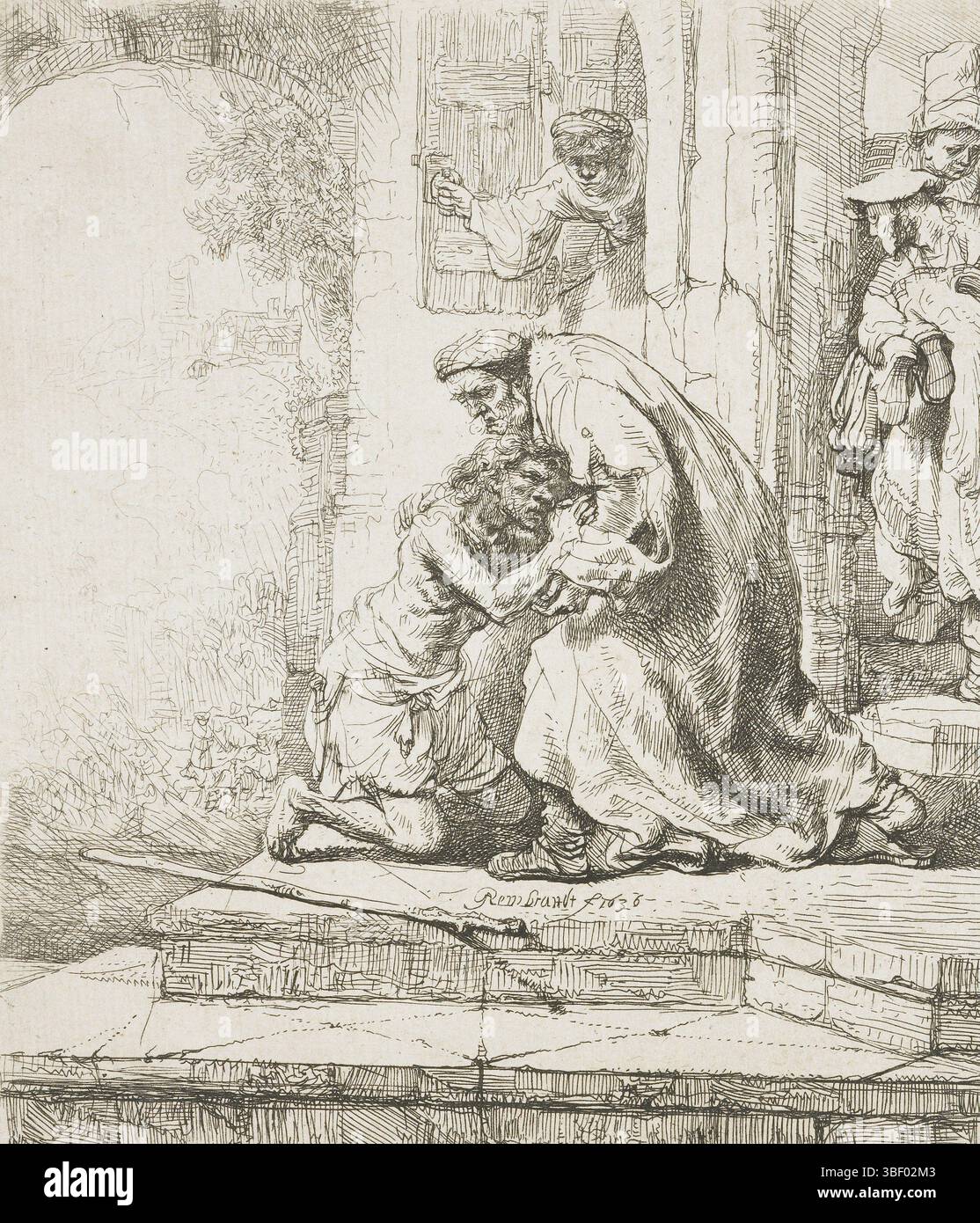 Rhine, Rembrandt of, Rhine, Homecoming del figlio prodigo, verso Middle below, ritorno del figlio prodigo: Si inginocchia davanti a suo padre sulla piattaforma della sua casa parentale. Nella porta due figure, una terza guarda fuori dalla finestra., stampa, Rembrandt f 1636, fondo centrale, altezza 155 mm, larghezza 136 mm, olandese settentrionale, 1606-07-15 - 1669-10-08, macchina per stampa, 1636 - 1636, secondo quarto del XVII secolo, carta, incisione, concetto di lavoro, dopo il proprio design di Foto Stock