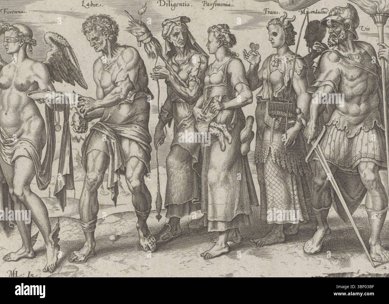 Haarlem, Galle, Philips, Junius, Hadrianus, Heemskerck, Maarten van, la miseria della ricchezza, i modi buoni e cattivi per diventare ricchi, Haarlem, The Lot (fortuna) sta conducendo una processione di personificazioni. Nelle sue mani, un fascino e una borsa di studio. Il destino è cieco e alato: Ha effetti sia positivi che negativi e li distribuisce senza distinzione. Passeggia dietro il Lot Labor, Vlijt (Diligentia) e Spareness (Parsimonia). Queste sono personificazioni che rappresentano qualità che consentono di raccogliere denaro equamente. Dietro di loro ci sono il tradimento (Fraus), la menzogna (Mendacium) e la violenza (Vis). Questi sono Foto Stock