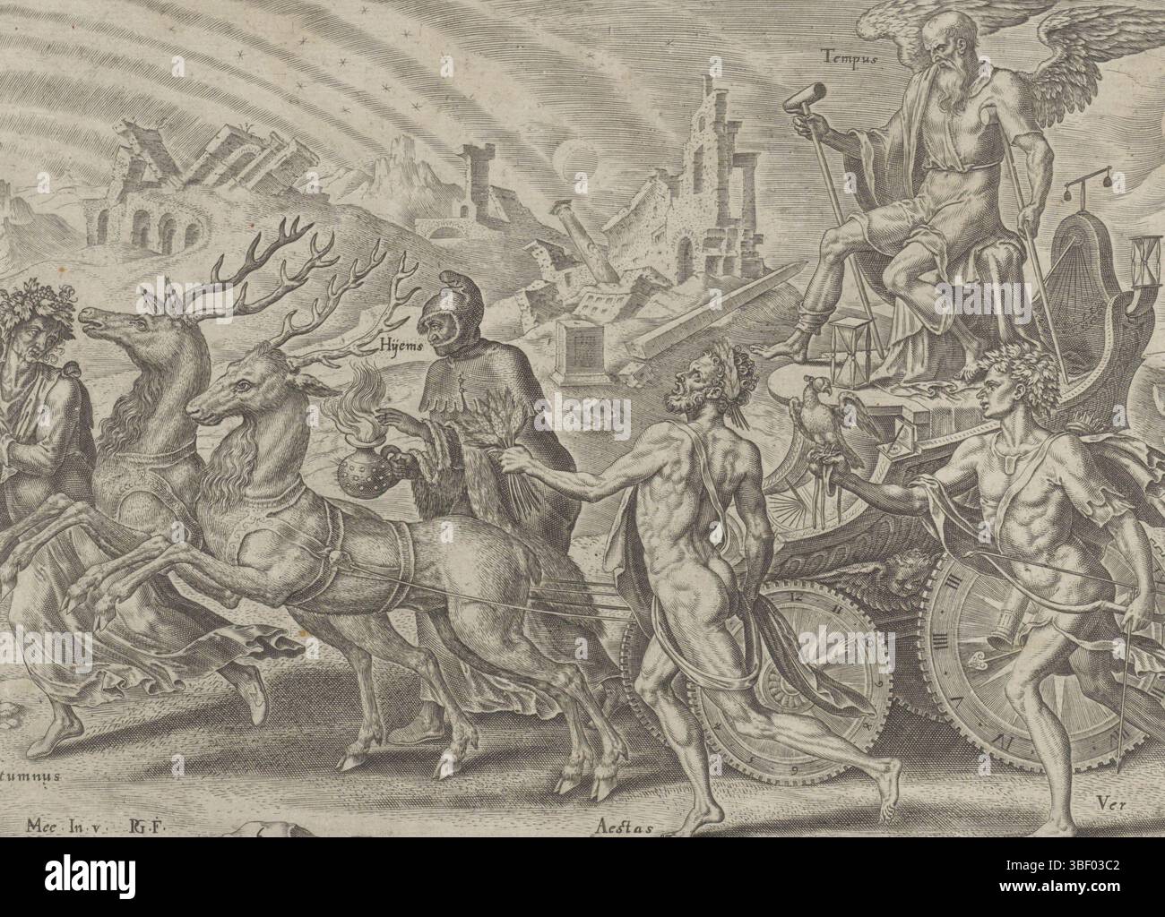 Haarlem, Galle, Philips, Junius, Hadrianus, Heemskerck, Maarten van, Trionfo di Petrarca, Trionfo del tempo, Haarlem, Zegewagen su cui si trova il tempo (Tempus), come una terra grigia alata con stampelle. Ai suoi piedi c'è una clessidra che indica il passare del tempo. La sua auto, con i quadranti di un orologio come le ruote, è trainata da cervi dal piede veloce. Il tempo è accompagnato dalle quattro stagioni. Gli edifici sullo sfondo sono caduti in rovina. Un obelisco eretto per commemorare un uomo potente è caduto dal suo piedistallo. E' cosi' che il tempo conquista la fama. Sotto la performance un testo esplicativo in latino. Si Foto Stock
