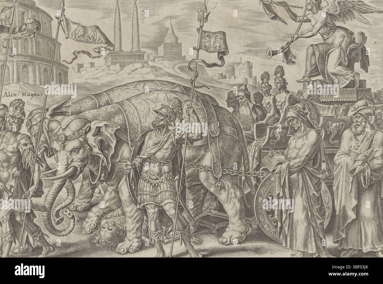 Haarlem, Galle, Philips, Junius, Adriano, Heemskerck, Maarten van, Trionfo di Petrarca, Trionfo della fama, Haarlem, il Faam alato (fama) soffia sulle sue due trombe. Così proclamò la fama dei signori del campo e dei filosofi del passato. Nella sua processione cammina Alessandro Magno, Giulio Cesare, Catone e Platone. Le ruote del suo carro sono adornate di lingue, orecchie e occhi per diffondere la fama. La fede conquista la morte; sarà pietosamente schiacciato sotto le gambe degli elefanti. Sullo sfondo ci sono due obelischi, monumenti eretti in onore di personaggi famosi. Nella sezione esecuzione, un testo esplicativo in Foto Stock