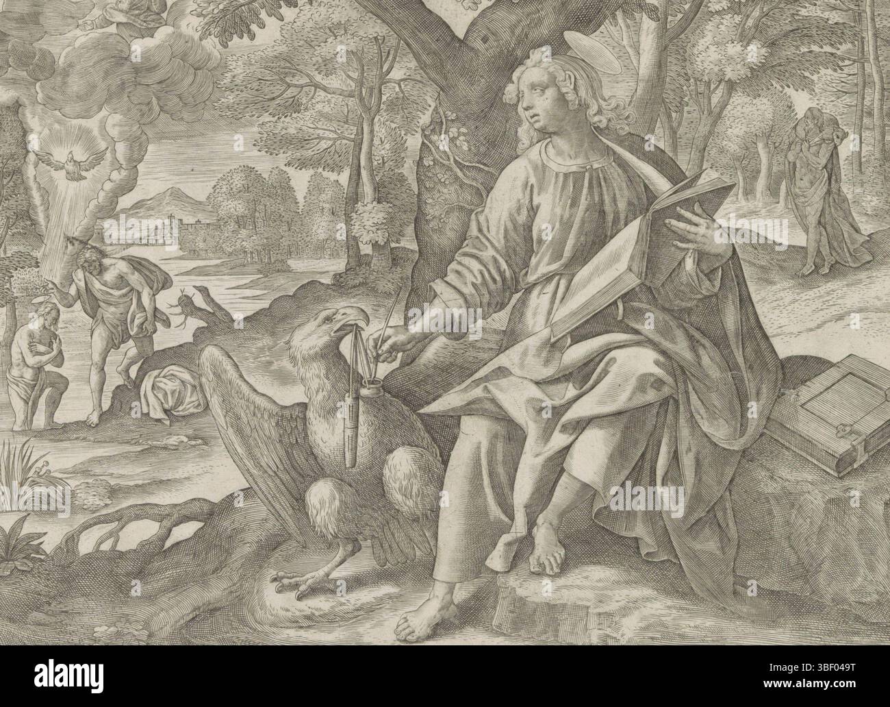 Anversa, Jode, Gerard de, Vos, Maerten de, Wierix, Johannes, Thesaurus novi testi elegantissimis iconibus expressus continens historias atque miracula doni nostri Iesu Christi, i quattro evangelisti, l'evangelista Johannes scrive il Vangelo, Anversa, l'evangelista Johannes siede sotto un albero a terra, un libro denso sulle sue grembo. Nella sua mano destra ha una molla scritta che battezza nel getto d'inchiostro, tenuto dall'aquila, il suo attributo. Proprio sullo sfondo Cristo come buon pastore; lasciato dietro il battesimo di Cristo in Giordania. Sotto la prestazione un testo di due righe in latino. TH Foto Stock