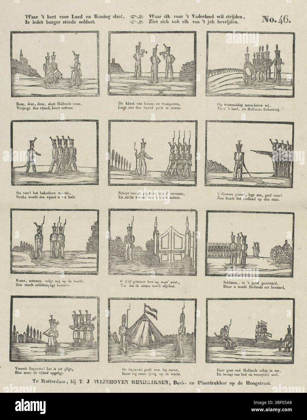 Rotterdam, Wijnhoven-Hendriksen, Theodorus Johannes, dove 't Heart batte voor Land en Koning, ogni cittadino è sempre soldato., dove ognuno vuole combattere per 't patria, si vede anche per 't jok Liberating, Rotterdam, verso - timbrato, Foglio con 12 immagini di militari con strumenti, pistole e baionette. Sotto ogni immagine un verso a due righe. Numerato in alto a destra: N. 46., stampa, stampe folk, stampe, altezza 414 mm, larghezza 331 mm, pubblicazione (evento), pubblicazione, olandese, editore, 1832 - 1850, carta, xilografica, stampa di carta intestata, stampa di libri, stampatore, stampatore Foto Stock Rotterdam, Wijnhoven-Hendriksen, Theodorus Johannes, dove 't Heart batte voor Land en Koning, ogni cittadino è sempre soldato., dove ognuno vuole combattere per 't patria, si vede anche per 't jok Liberating, Rotterdam, verso - timbrato, Foglio con 12 immagini di militari con strumenti, pistole e baionette. Sotto ogni immagine un verso a due righe. Numerato in alto a destra: N. 46., stampa, stampe folk, stampe, altezza 414 mm, larghezza 331 mm, pubblicazione (evento), pubblicazione, olandese, editore, 1832 - 1850, carta, xilografica, stampa di carta intestata, stampa di libri, stampatore, stampatore Foto Stock